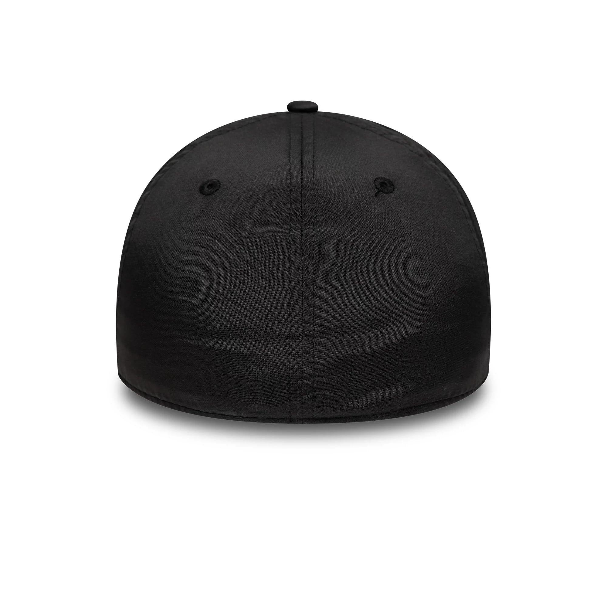 New Era Technical Black 39THIRTY Stretch Fit Cap, rear view showing the black finish of the structured crown with a top button and two eyelets positioned symmetrically on either side.