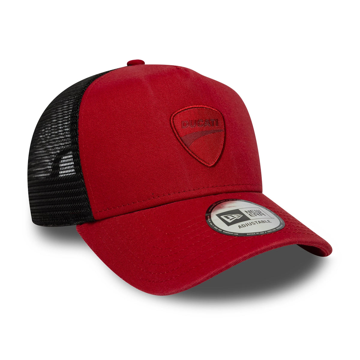 Ducati Motor Logo Dark Red New Era 9FORTY E-Frame Trucker Cap, three-quarter view showing the raised dark red Ducati logo on the structured front panel, curved red visor, and 9FORTY size sticker, with a black mesh back.