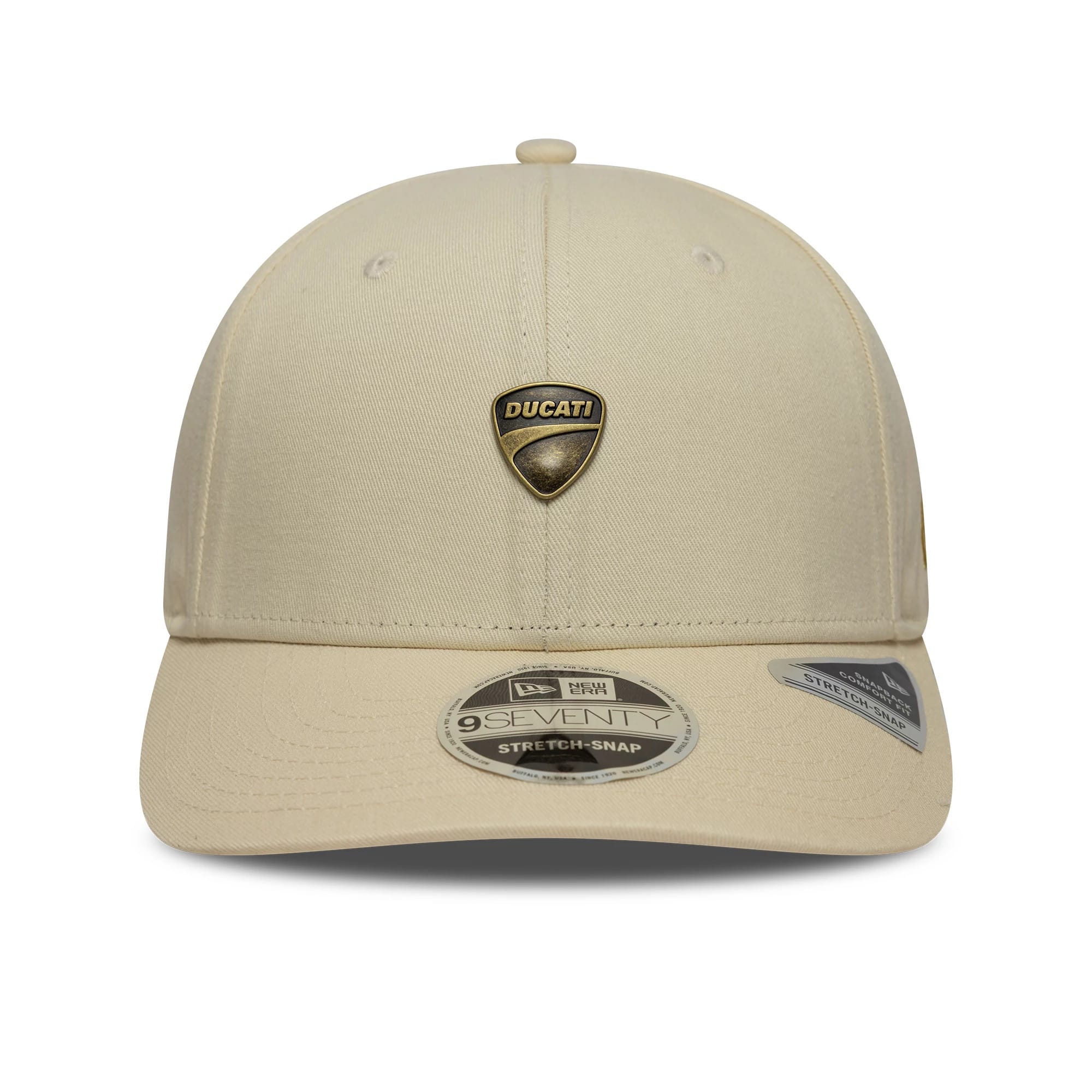 Ducati Motor Logo Light Beige New Era 9SEVENTY Stretch Snap Cap, front view showing a gold Ducati shield logo on the centre of the crown, with a curved visor and 9SEVENTY size sticker on the visor.