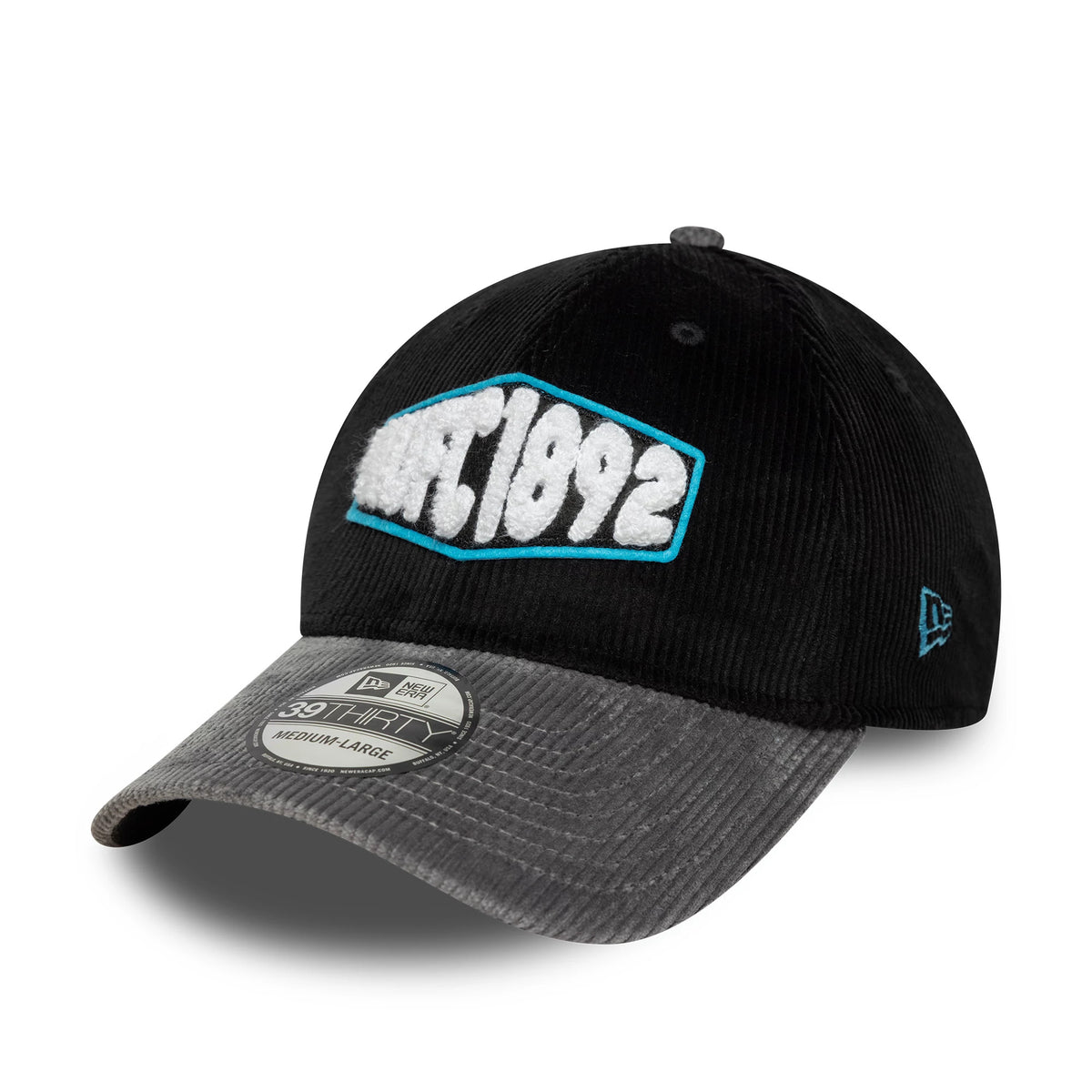 Newcastle United FC Cord Black New Era 39THIRTY Stretch Fit Cap, front view showing the raised NFC 1892 logo with turquoise outline on the black cord crown, grey cord visor with a 39THIRTY size sticker, and blue New Era flag logo on the left side.