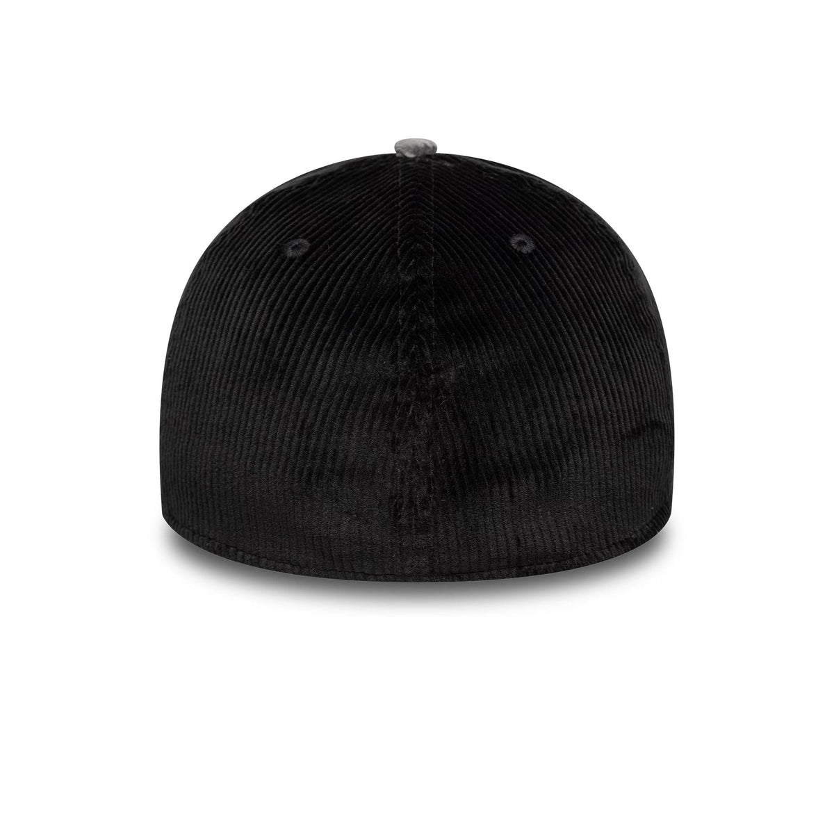 Newcastle United FC Cord Black New Era 39THIRTY Stretch Fit Cap, rear view showing the structured black corduroy crown with ribbed texture, two embroidered eyelets, and a grey top button centred on the crown.