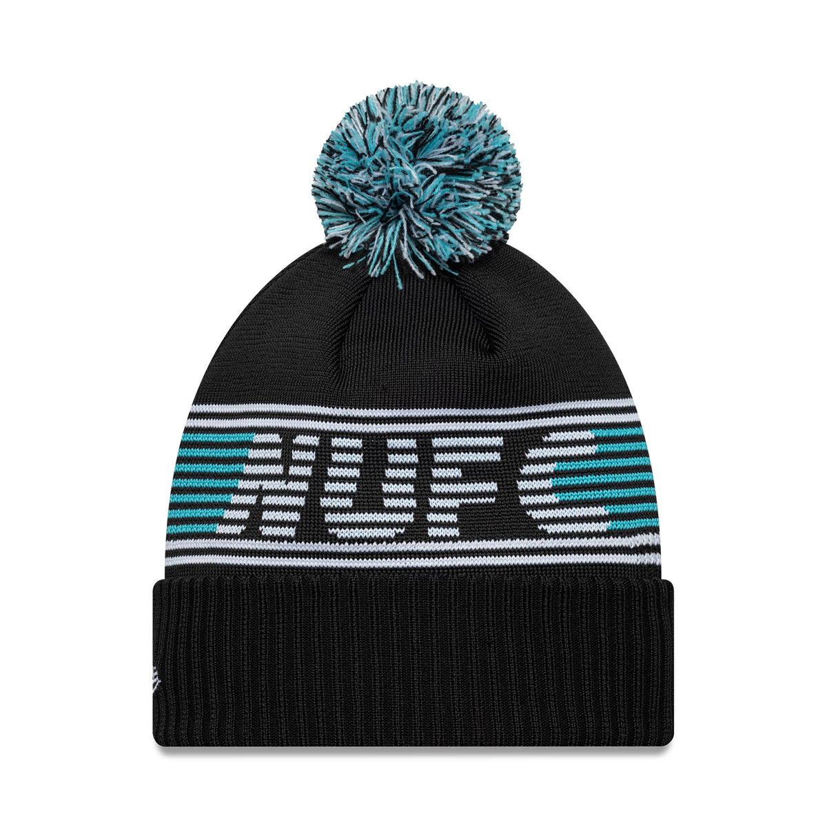 New Era Newcastle United FC Black Bobble Knit Beanie Hat, front view showing a black and teal pom-pom on top, with white and teal NUFC lettering across the black and grey striped crown above a ribbed black cuff.