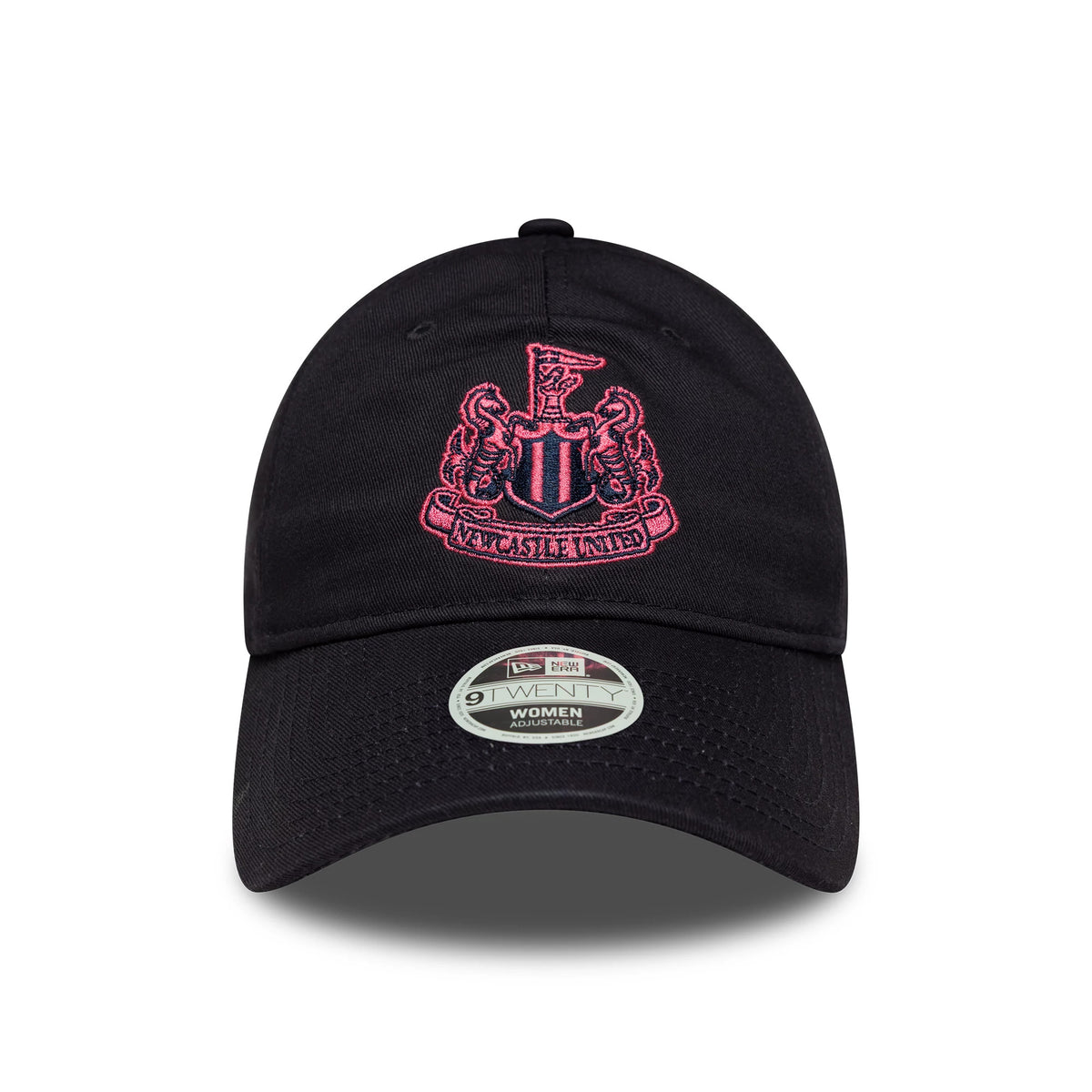 Newcastle United FC Womens Navy New Era 9TWENTY Cap, front view showing the pink embroidered Newcastle United logo on the structured navy crown, with a curved visor and a 9TWENTY size sticker on the centre.