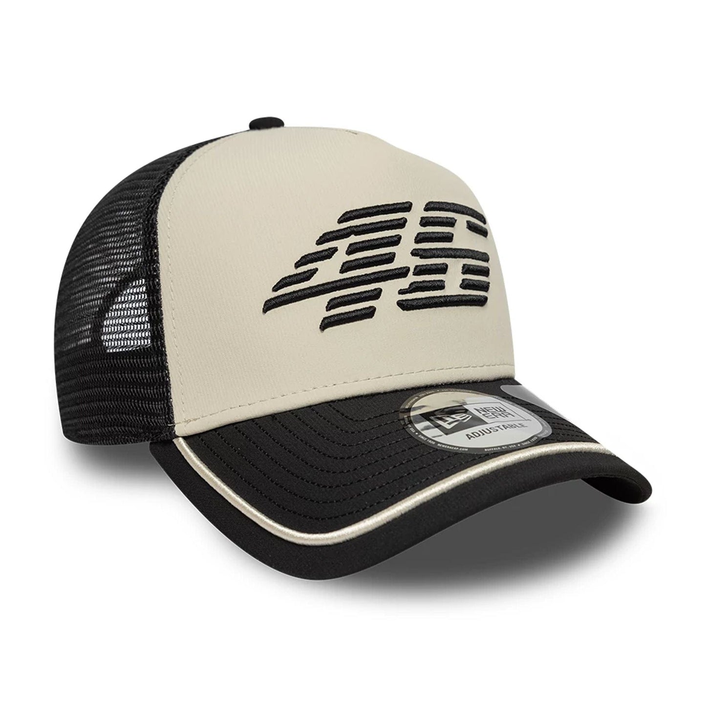 Pictured is this Recycled Stripe VR46 9FORTY E-Frame Trucker in black. 3