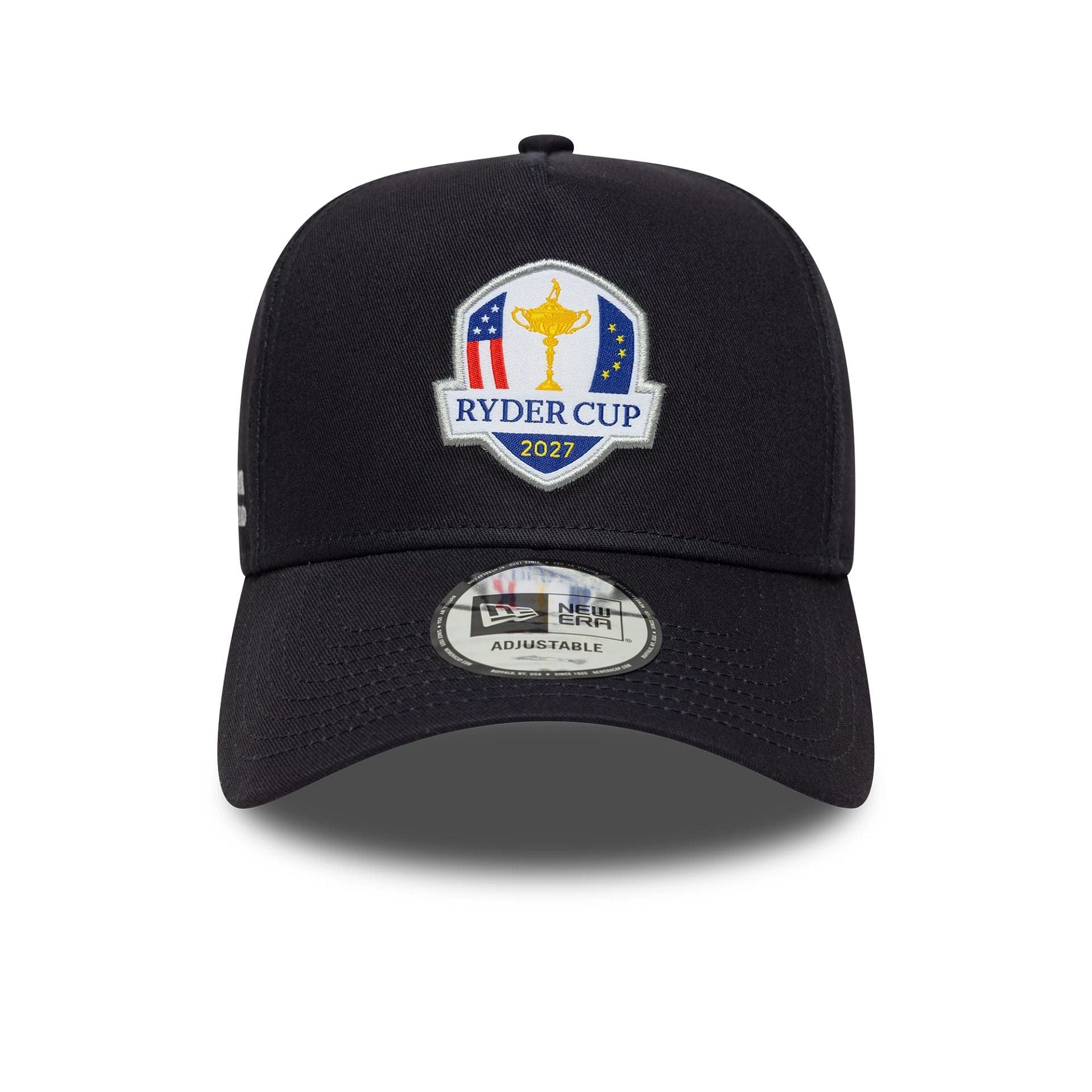 Pictured is this Core Ryder Cup Europe 2027 9FORTY A-Frame Trucker cap in navy. 2