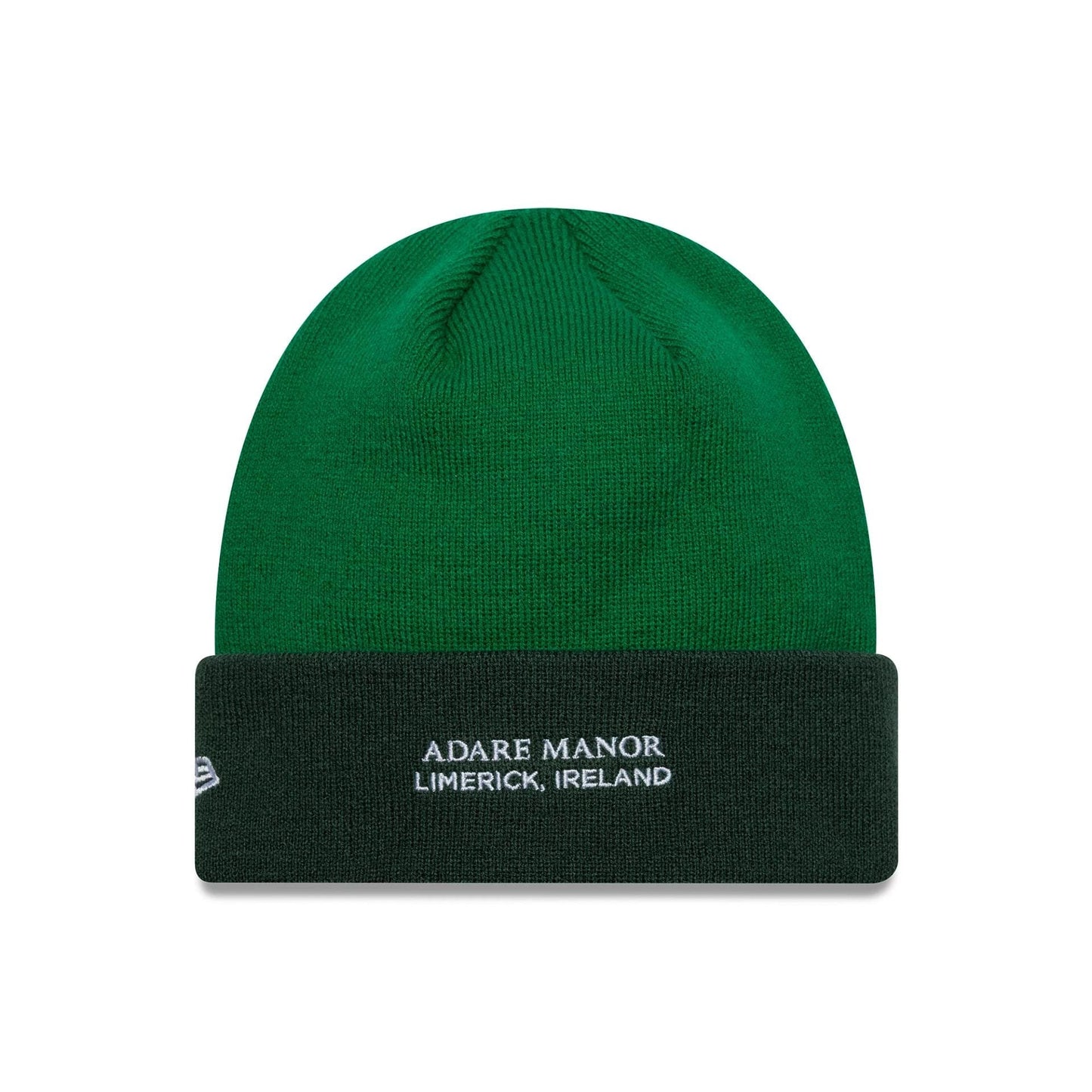 New Era Ryder Cup 2027 Adare Manor Green Cuff Knit Beanie Cap, front view showing the white embroidered Adare Manor Limerick Ireland text on the dark green cuff and the New Era flag logo on the left side.