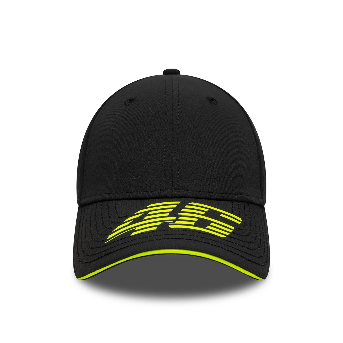 VR46 Recycled Stripe Black New Era 9FORTY Cap, front view showing bright yellow striped VR46 logo embroidery on the black curved visor, with black eyelets and top button, accented by a neon yellow edge.
