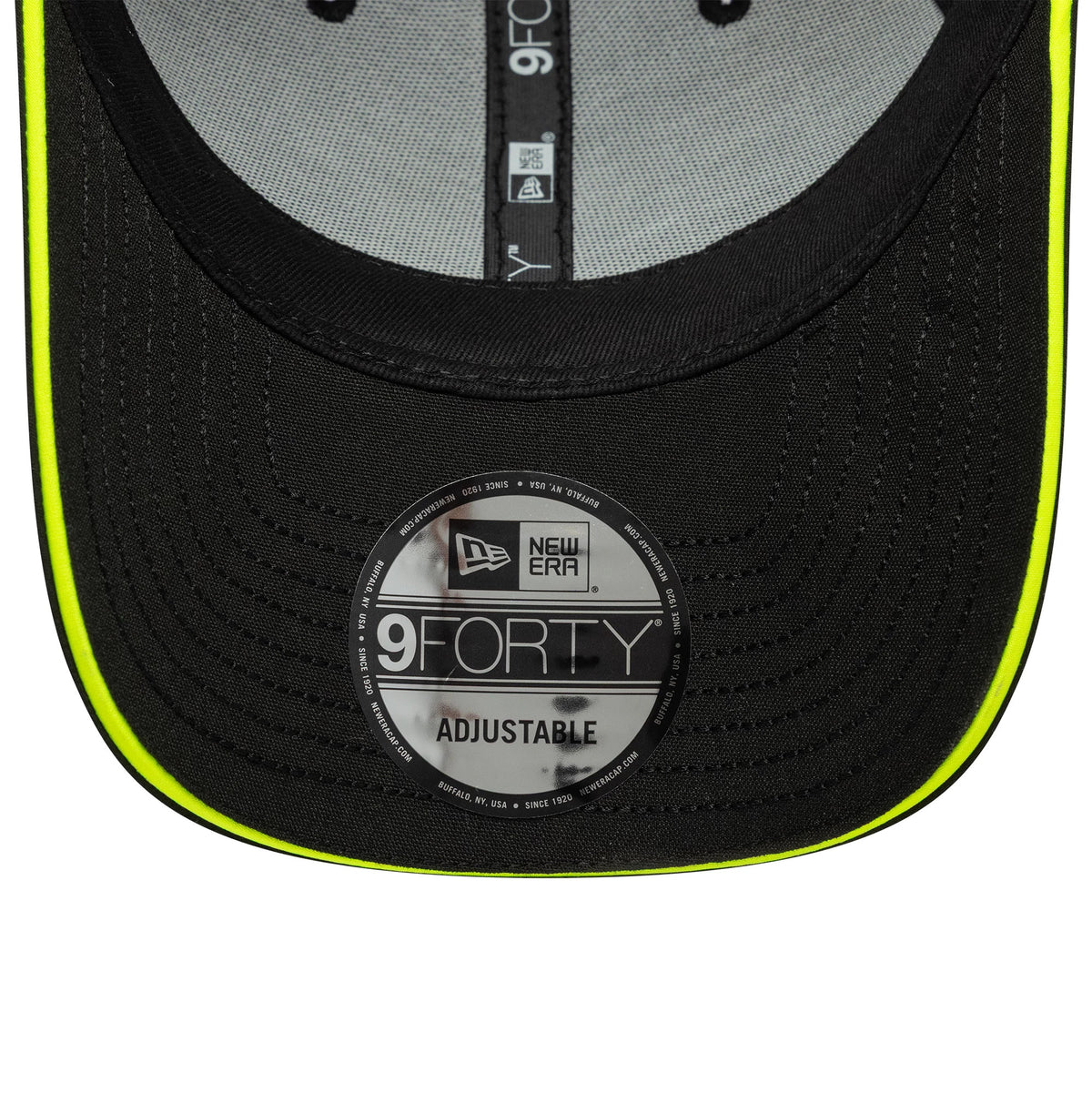 VR46 Recycled Stripe Black New Era 9FORTY Cap, inside view showing grey undervisor, yellow edged on the visor, black sweatband with New Era taping, and central 9FORTY size sticker.