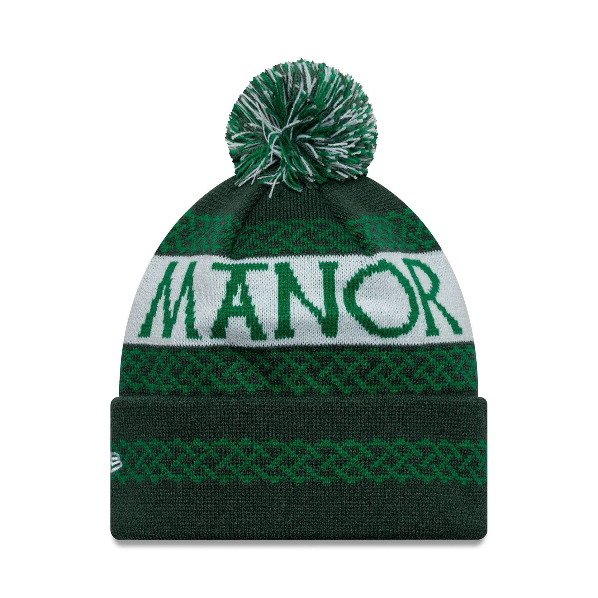 Pictured is this Adare Manor Ryder Cup Europe 2027 Bobble Knit Beanie cap in green. 2