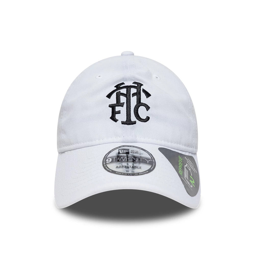 Repreve® Tottenham Hotspur FC White New Era 9TWENTY Adjustable Cap, front view showing black raised embroidery of the Tottenham Hotspur logo on the white crown, with a grey 9TWENTY size sticker on the curved white visor.