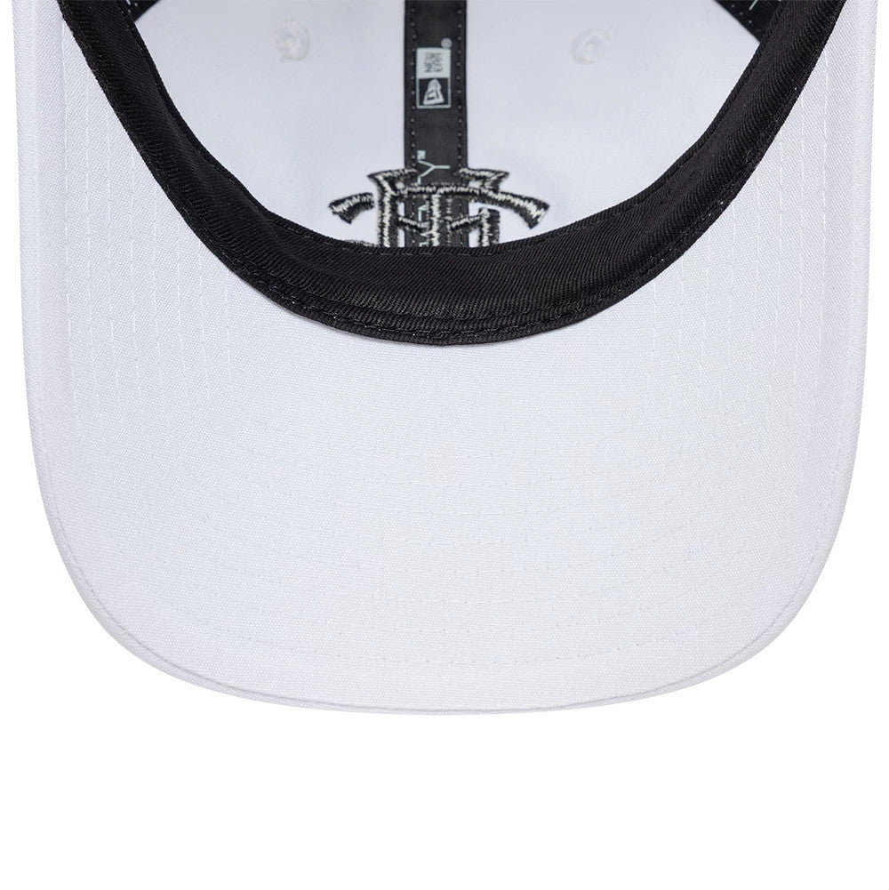 Repreve® Tottenham Hotspur FC White New Era 9TWENTY Adjustable Cap, inside view showing the black sweatband, white undervisor, and black taping with Tottenham Hotspur emblem on the inner crown.
