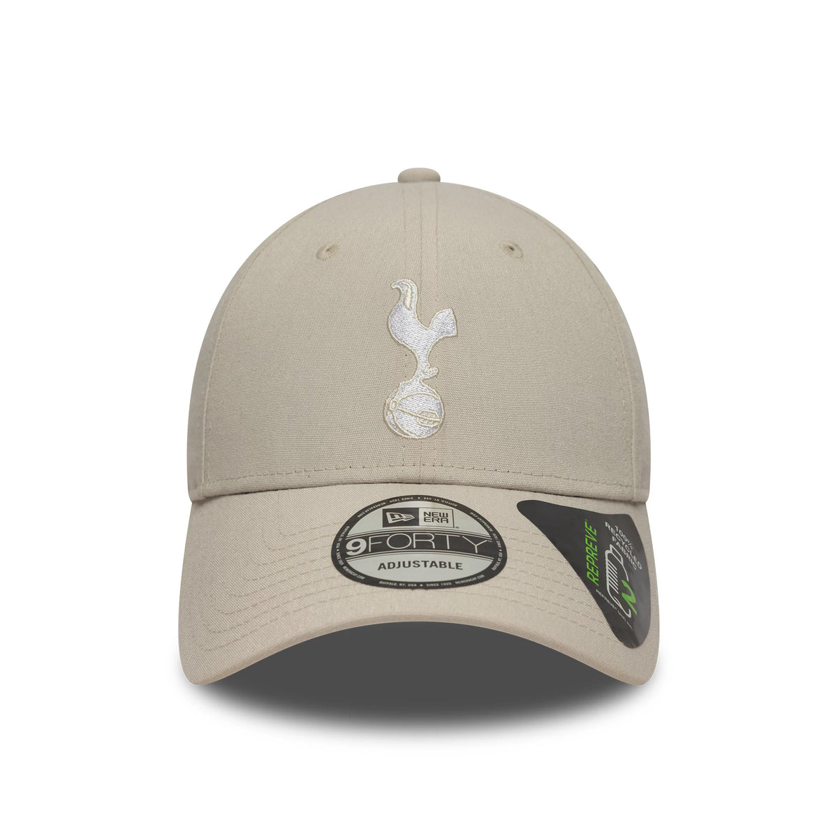 Repreve® Tottenham Hotspur FC Cream New Era 9FORTY Adjustable Cap, front view showing the white embroidered cockerel and football logo on the front panel, cream curved visor and 9FORTY size sticker.