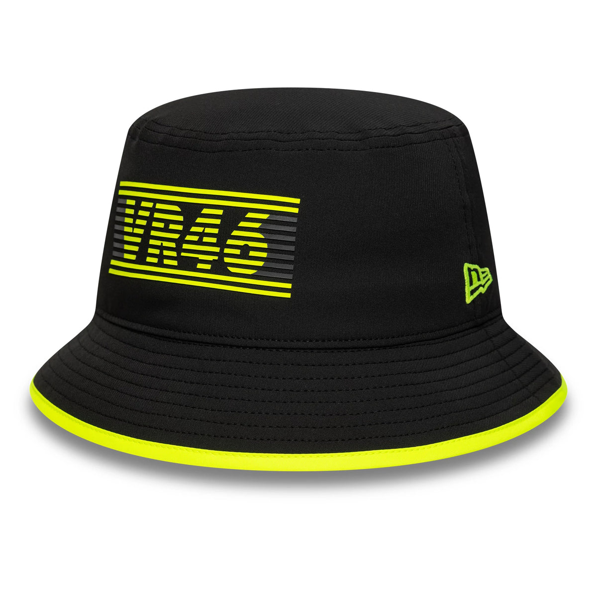 New Era VR46 Recycled Black Bucket Hat, front view showing the yellow VR46 graphic on the front, a matching yellow trim around the visor, and a neon New Era flag logo on the side of the black crown.