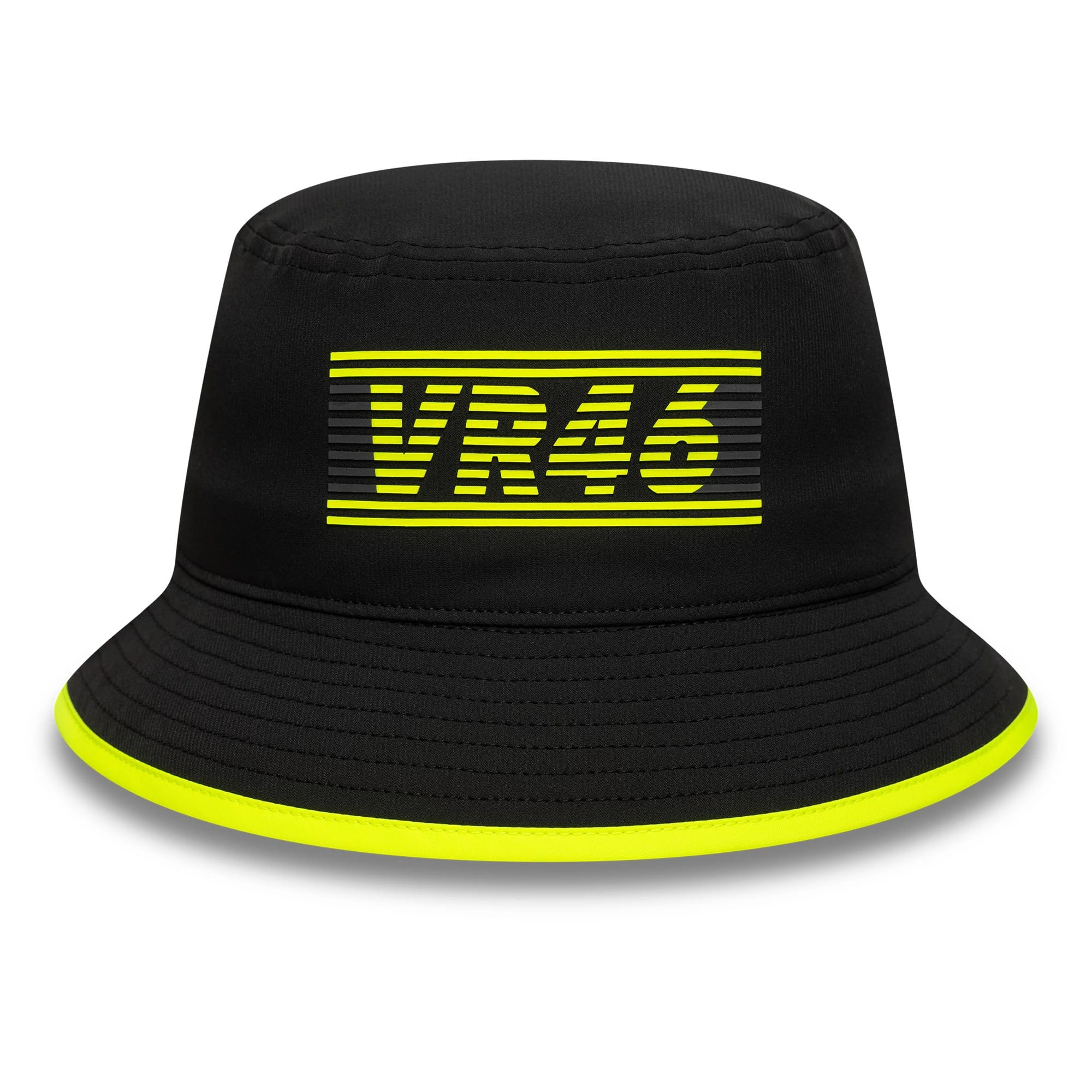 New Era VR46 Recycled Black Bucket Hat, front view showing the bright yellow VR46 logo in flat embroidery on the black crown, with a matching yellow stripe along the edge of the softly structured visor.
