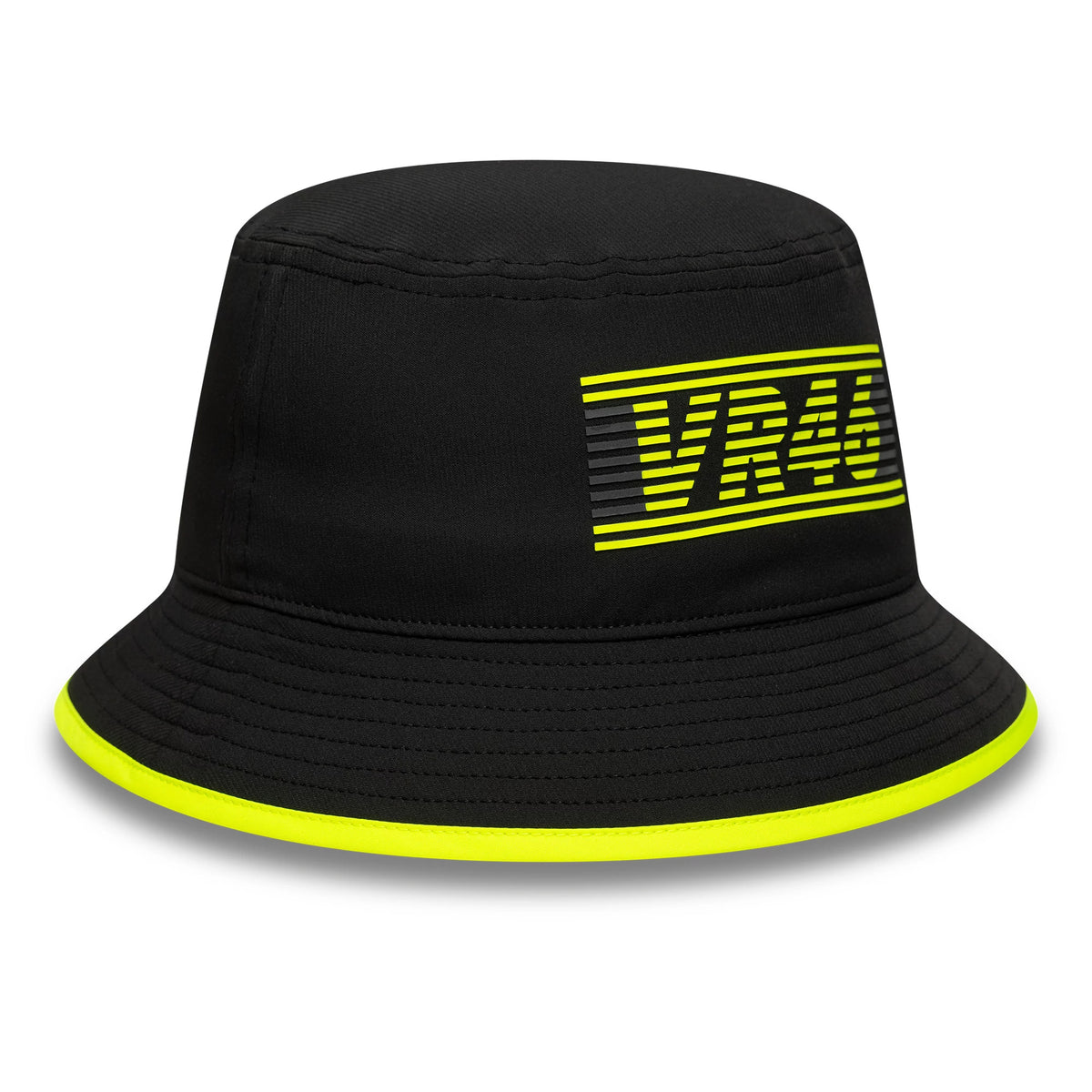 New Era VR46 Recycled Black Bucket Hat, front view showing a yellow VR46 logo in horizontal stripes on the structured black crown, with a matching yellow rim accentuating the visor edge.