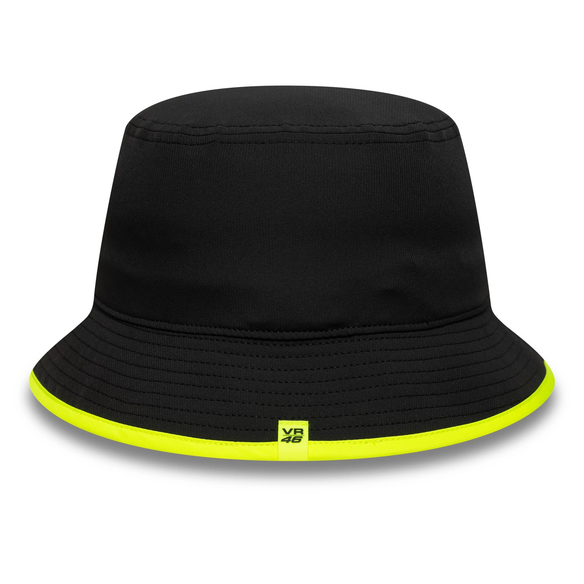 New Era VR46 Recycled Black Bucket Hat, front view showing a yellow trim around the visor and a small VR46 label at the centre front, with a and structured design in solid black.