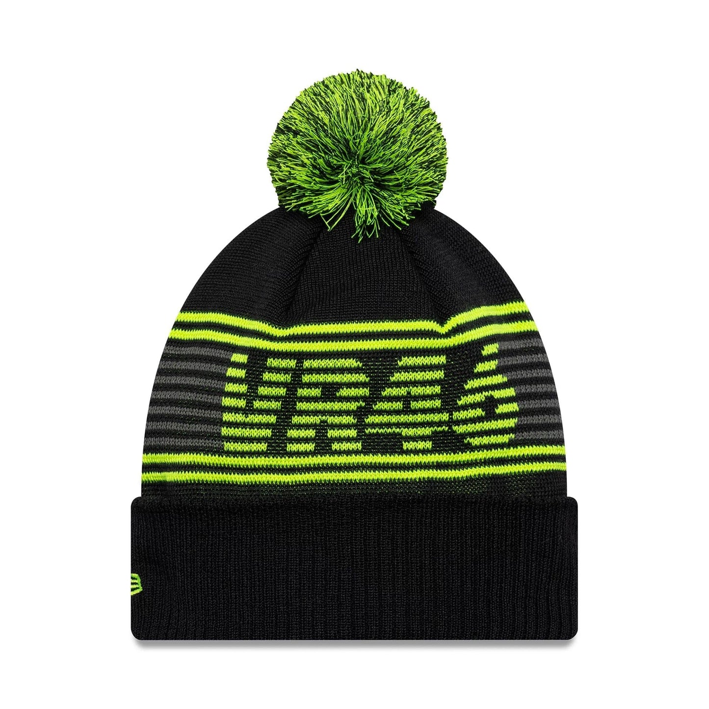 New Era VR46 Recycled Black Bobble Knit Beanie Hat, front view showing a neon green and black bobble on top, VR46 lettering across the front in green, and the New Era flag logo on the cuff.