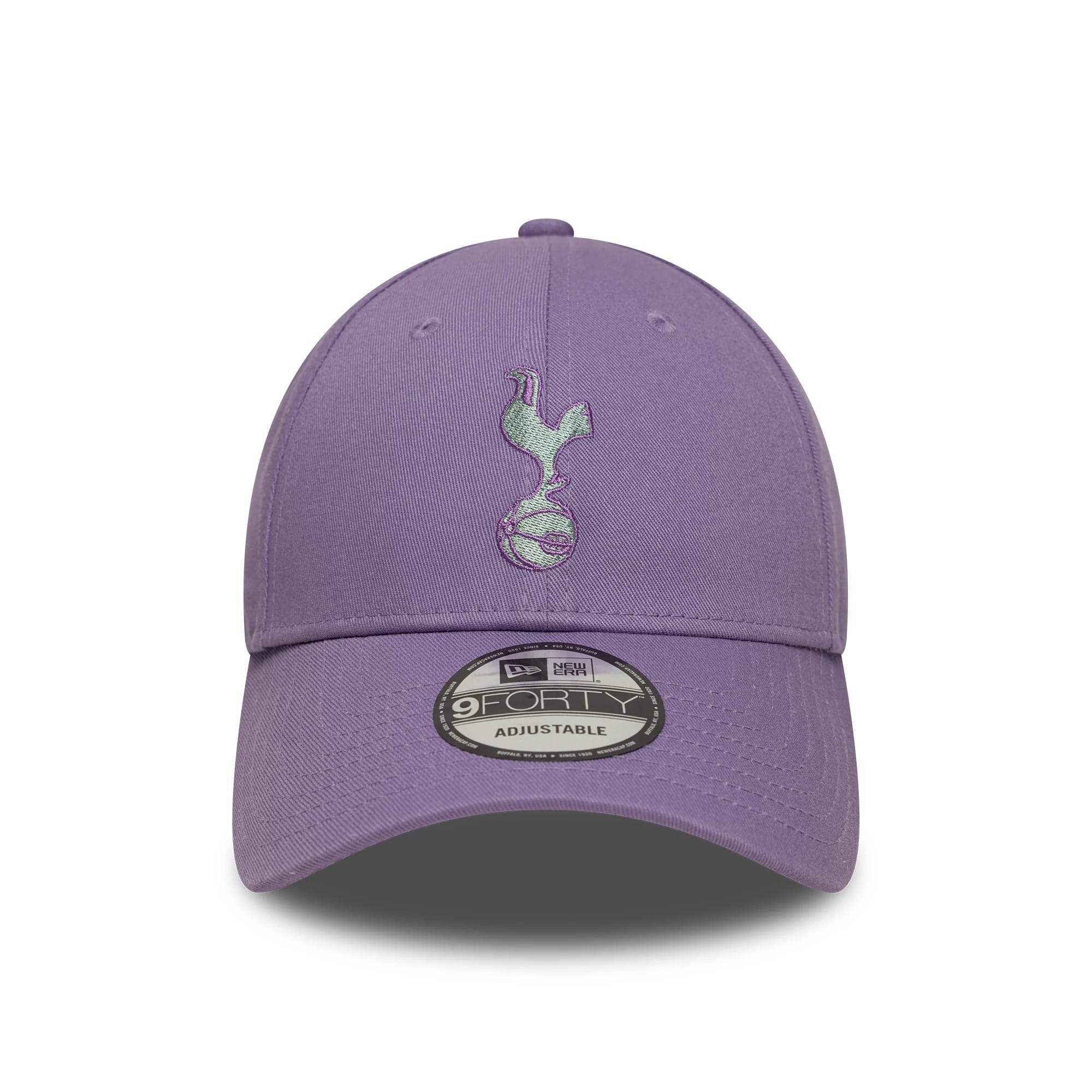 Tottenham Hotspur FC Pastel Purple New Era 9FORTY Adjustable Cap, front view showing the light green embroidered crest logo on the structured pastel purple crown, with a matching curved visor and 9FORTY size sticker.