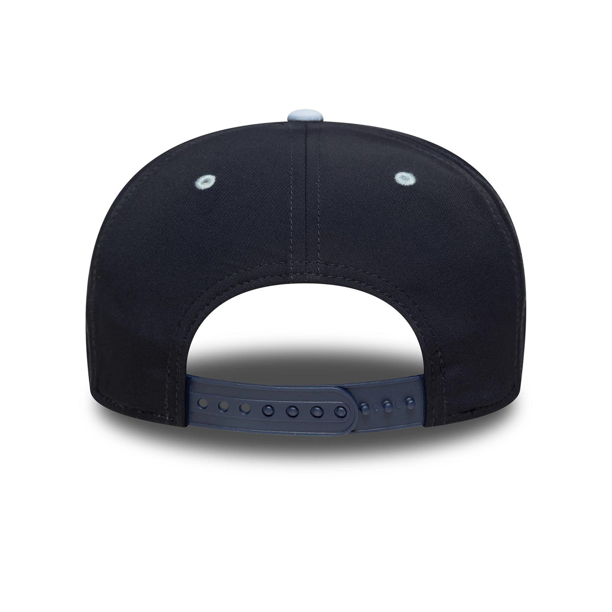 Tottenham Hotspur FC Cockerel Navy New Era 9SEVENTY Stretch Snap Cap, rear view showing the adjustable navy snap closure and the grey embroidered eyelets on the navy structured crown.
