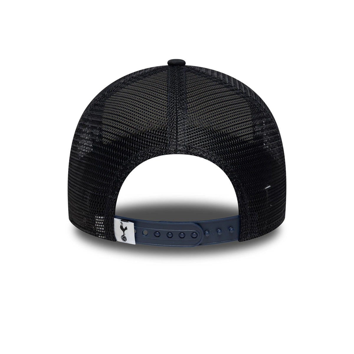 Tottenham Hotspur FC Puff Wordmark Navy New Era 9FORTY A-Frame Trucker Cap, rear view showing the Tottenham Hotspur cockerel logo on the mesh back panels above the navy adjustable snap closure.