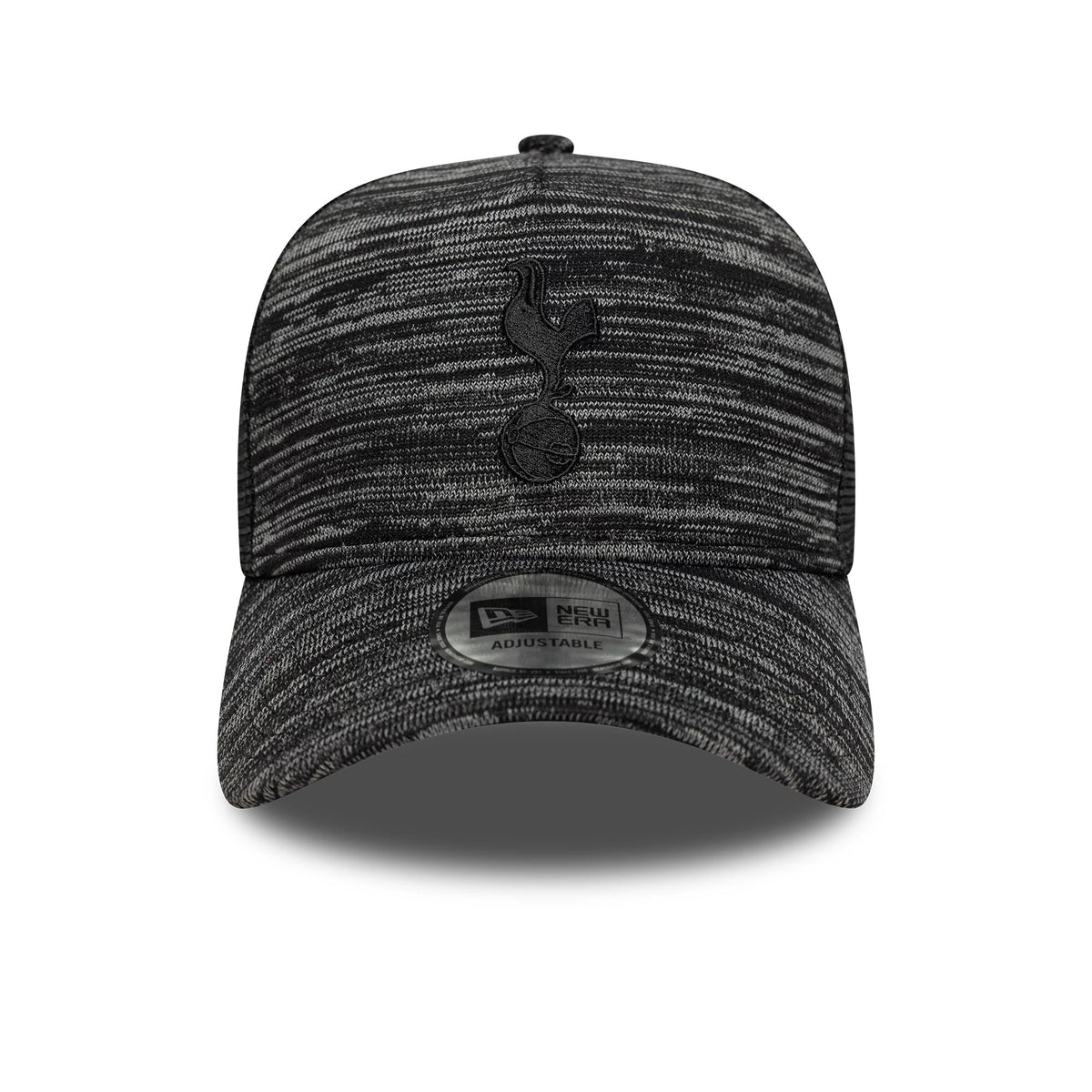 Tottenham Hotspur FC Marl Black New Era 9FORTY A-Frame Cap, front view showing the black embroidered cockerel logo on the marled black crown with a curved visor and a 9FORTY size sticker on the visor.