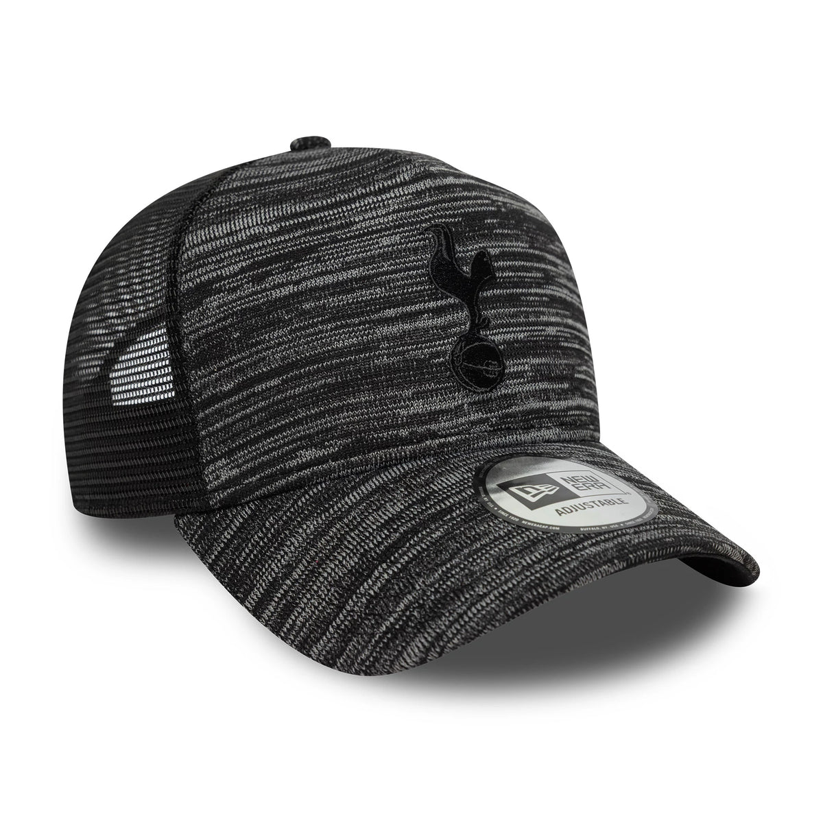 Tottenham Hotspur FC Marl Black New Era 9FORTY A-Frame Cap, three-quarter view with the black embroidered cockerel logo on the front panel, a curved visor with a 9FORTY size sticker, and a black mesh back.