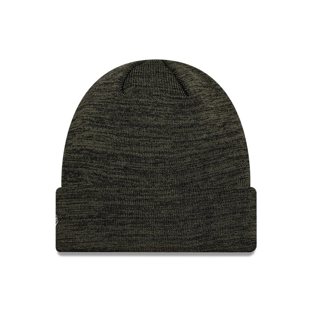 New Era Tottenham Hotspur FC Dark Green Marl Cuff Knit Beanie Hat, front view showing a textured dark green marl design with a ribbed knit construction and a folded cuff featuring a New Era flag logo on the left side.