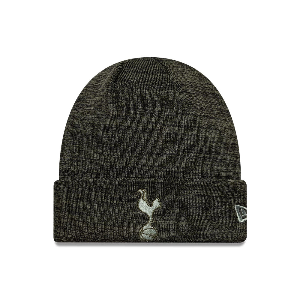 New Era Tottenham Hotspur FC Dark Green Marl Cuff Knit Beanie Hat, front view showing the white embroidered cockerel crest on the front cuff, with the New Era flag logo in white on the left side of the fold.