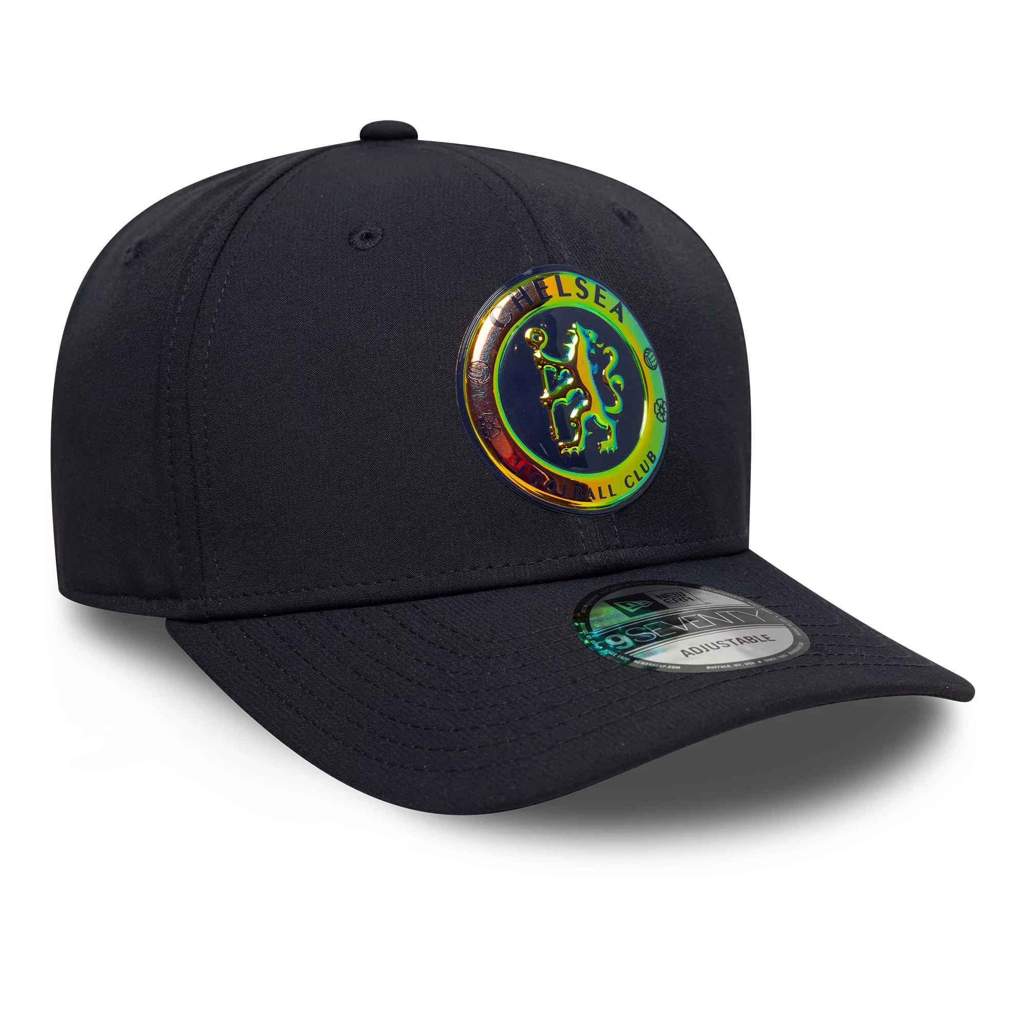 Pictured is this Chelsea FC Lion Crest Iridescent 9SEVENTY Stretch Snap in navy. 3