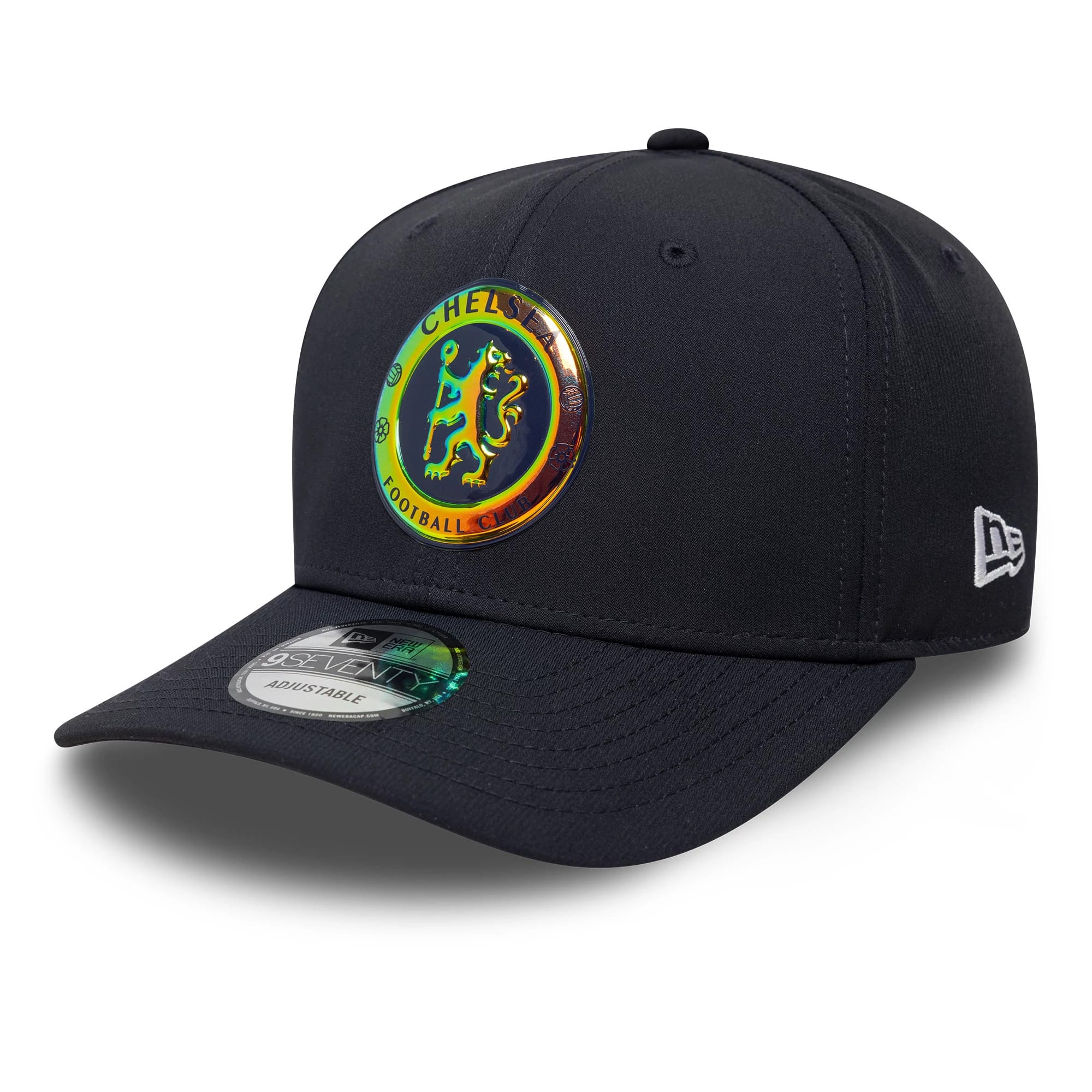Pictured is this Chelsea FC Lion Crest Iridescent 9SEVENTY Stretch Snap in navy. 1