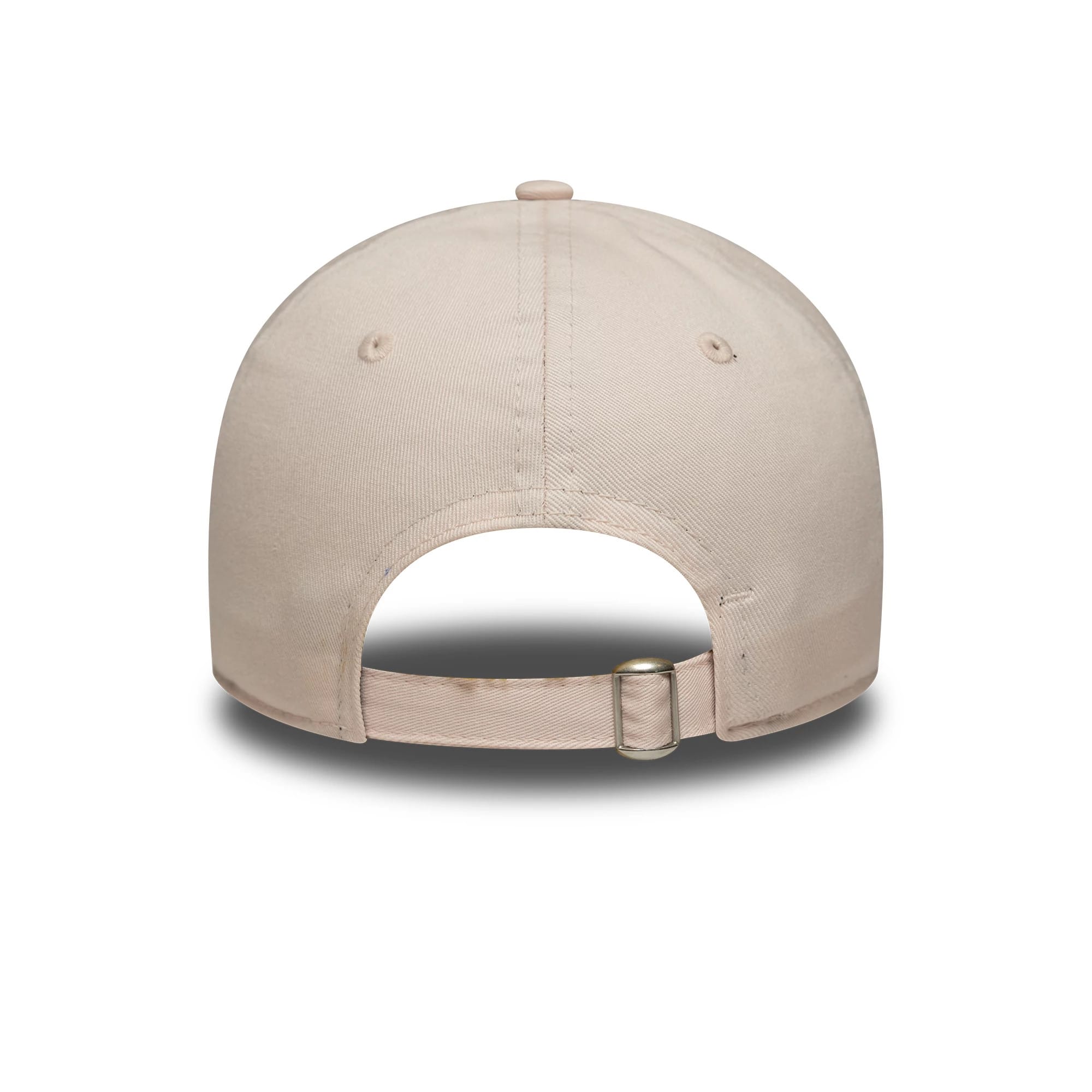 Chelsea FC Lion Crest Womens Pastel Pink New Era 9TWENTY Cap, rear view showing the unstructured pink crown with a curved top button, embroidered eyelets, and an adjustable strap with a buckle.