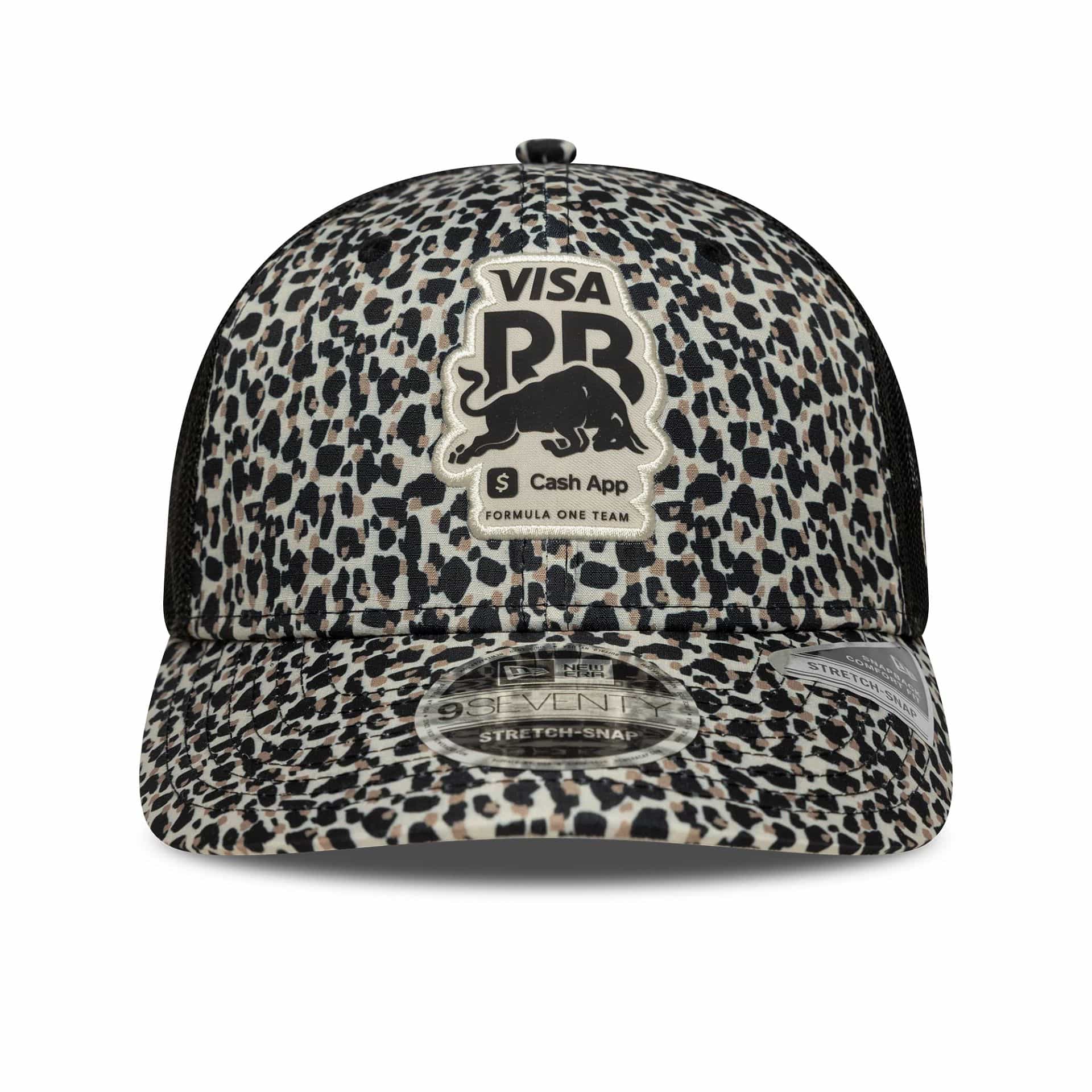 Pictured is this Leopard Visa Cash App Racing Bulls 9SEVENTY Stretch Snap in light beige. 2