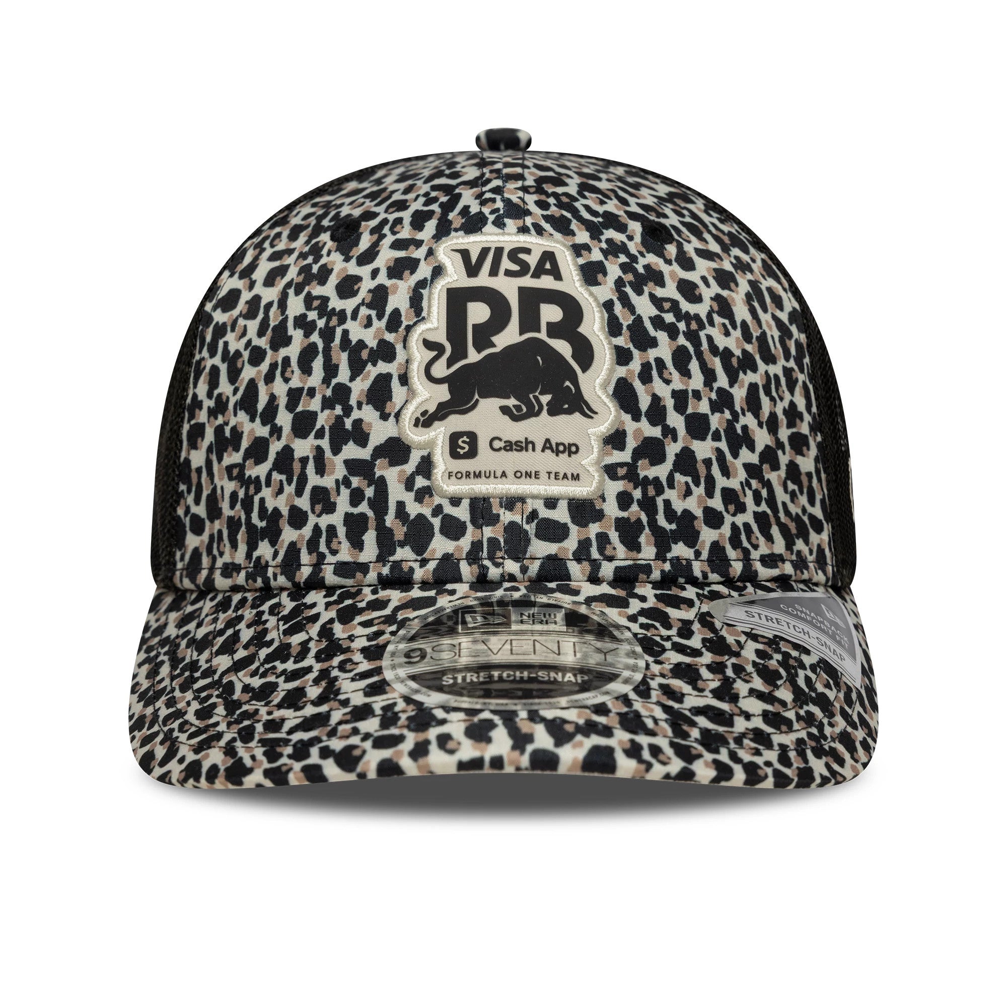 Pictured is this Leopard Visa Cash App Racing Bulls 9SEVENTY Stretch Snap in light beige. 2