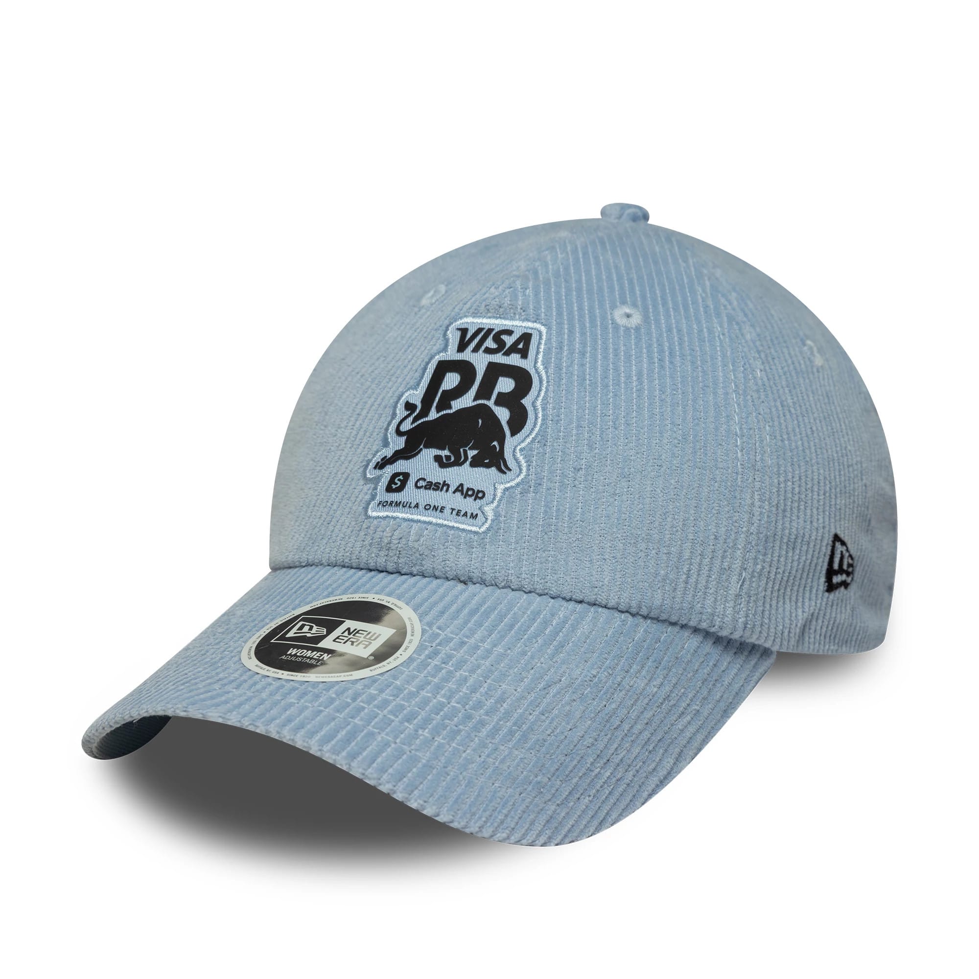 New Era Visa Cash App Racing Bulls Womens Pastel Blue Cord Pony Tail Cap, three-quarter view showing the bull and Visa logos embroidered on the front panels, curved visor with a New Era size sticker, and New Era flag logo on the left side.