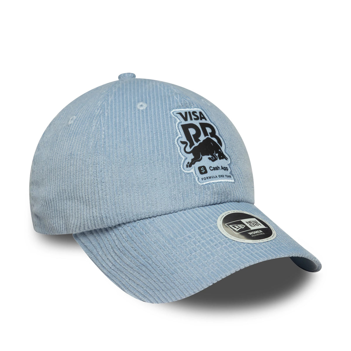 New Era Visa Cash App Racing Bulls Womens Pastel Blue Cord Pony Tail Cap, three-quarter view showing a black and white embroidered logo on the front panel, a textured pastel blue cord visor and a New Era Women size sticker on the visor.