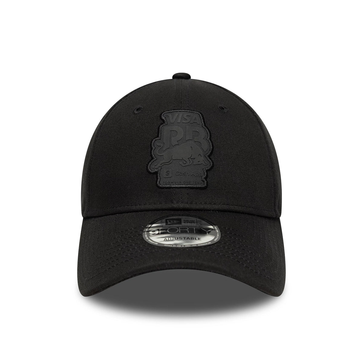 Visa Cash App Racing Bulls Black New Era 9FORTY Cap, front view showing a black embossed logo on the front panel with a curved black visor, featuring the 9FORTY size sticker and stitching details.