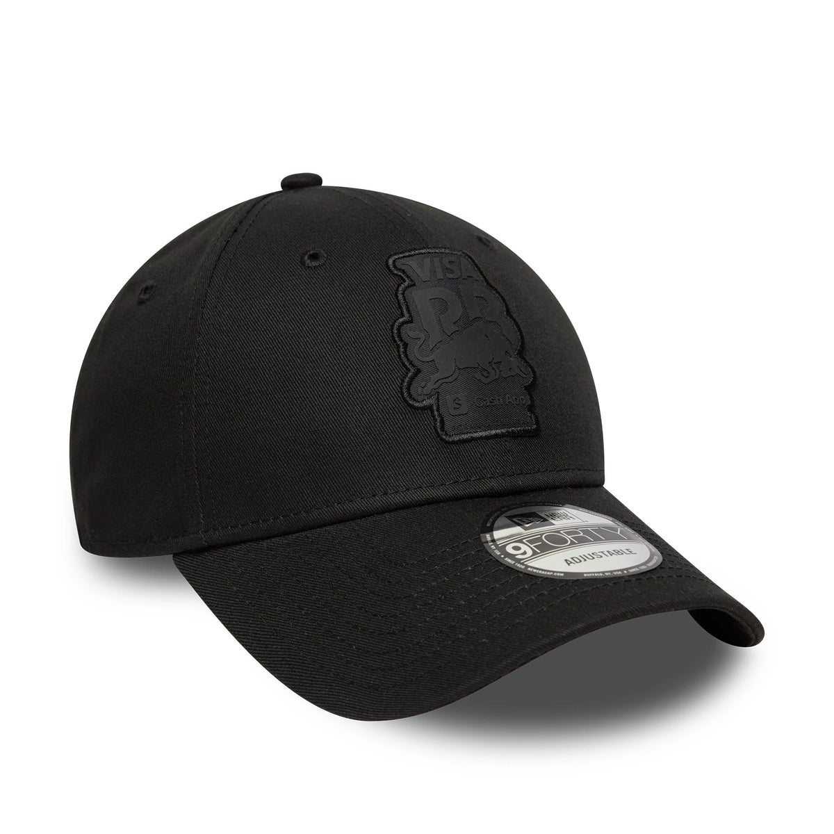Visa Cash App Racing Bulls Black New Era 9FORTY Cap, three-quarter view showing the black embroidered Racing Bulls logo on the front panel, with a curved black visor and a 9FORTY size sticker on top.