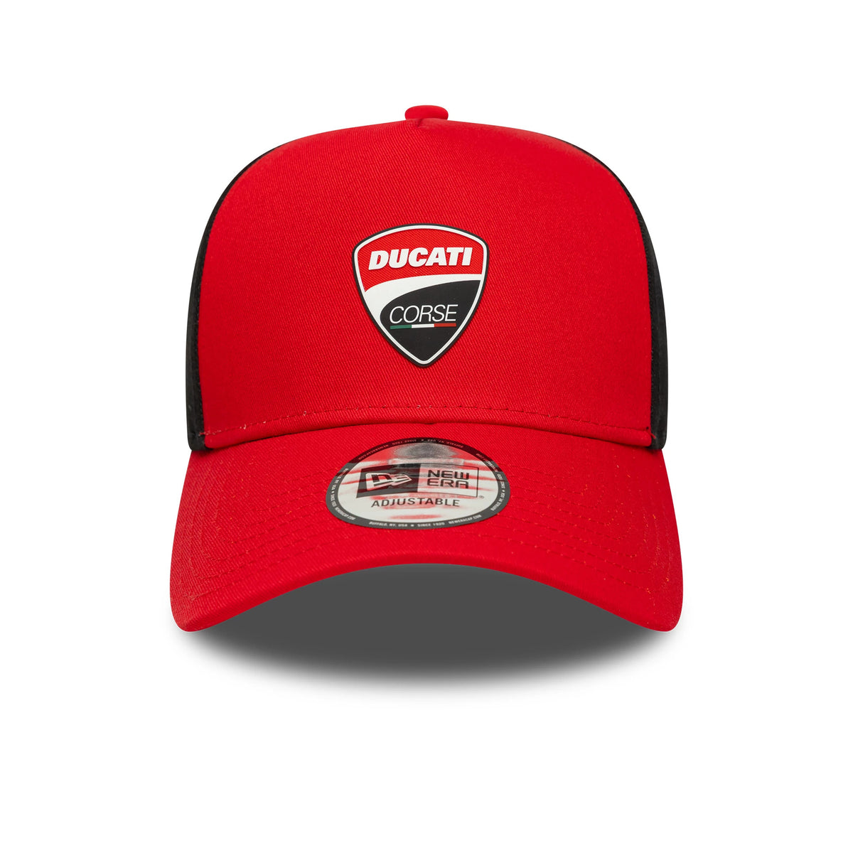 Ducati Corse Logo Red New Era 9FORTY E-Frame Trucker Cap, front view featuring a red, black, and white Ducati Corse logo on the red front panel, with a curved red visor and a 9FORTY size sticker at the centre.