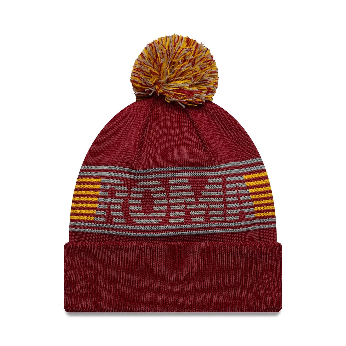 New Era AS Roma Dark Red Bobble Knit Beanie Hat, front view showing the large grey ROMA lettering woven into the crown above a fold-over cuff, with alternating yellow and red stripes and a multicoloured bobble on top.