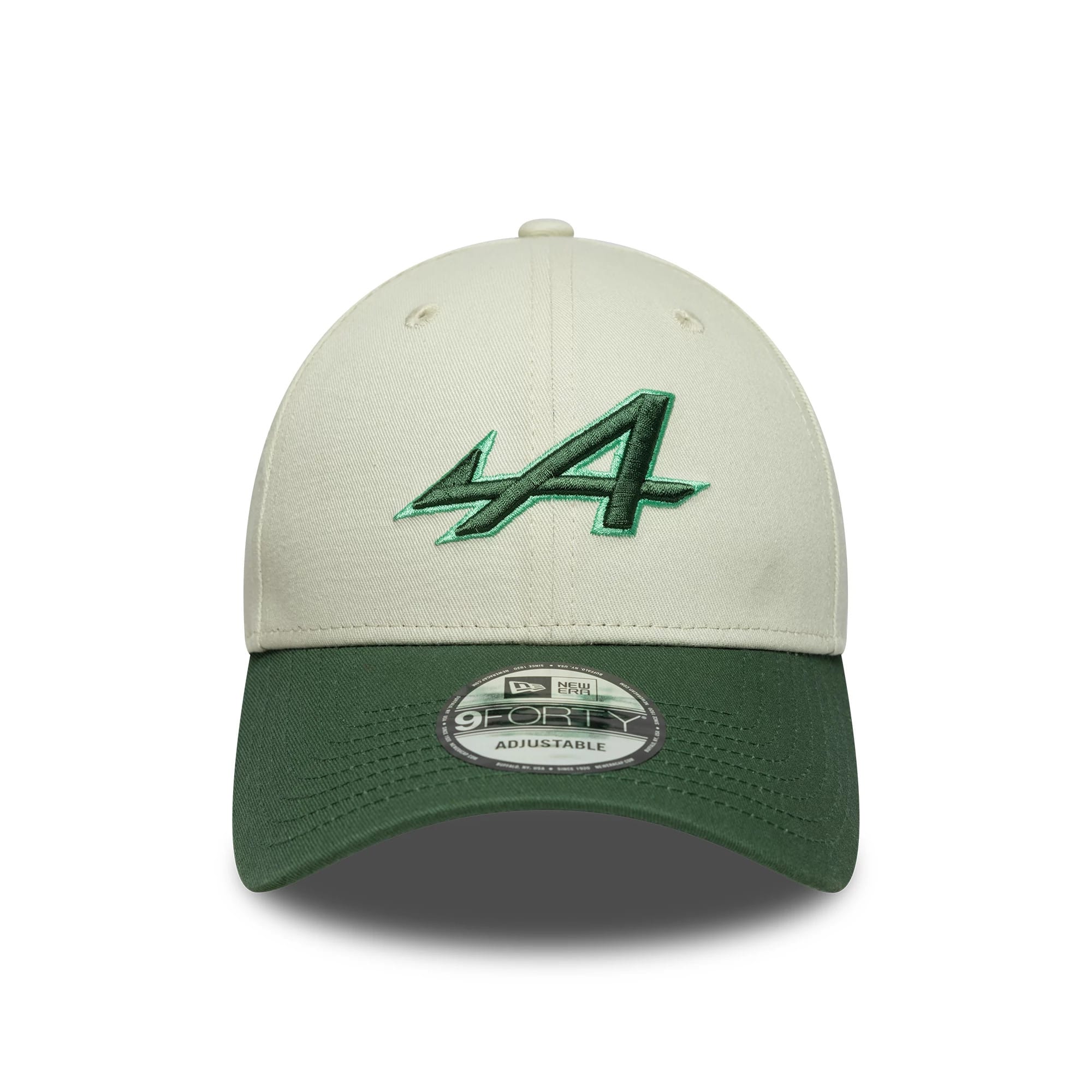 Alpine Racing White New Era 9FORTY Cap, front view showing a green embroidered A logo on the white front panel, paired with a dark green curved visor featuring a 9FORTY size sticker.