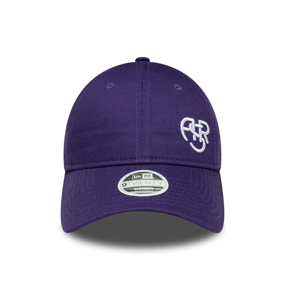 AS Roma Womens Purple New Era 9TWENTY Cap, front view showing the white embroidered AS Roma logo on the unstructured purple crown, curved visor, and a 9TWENTY size sticker on the visor.