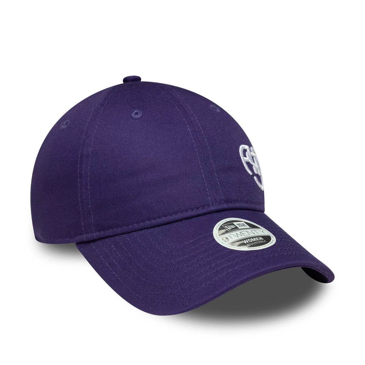 AS Roma Womens Purple New Era 9TWENTY Cap, three-quarter view showing a white embroidered AS Roma logo on the front panel, curved visor with a 9TWENTY size sticker and matching purple top button and eyelets.
