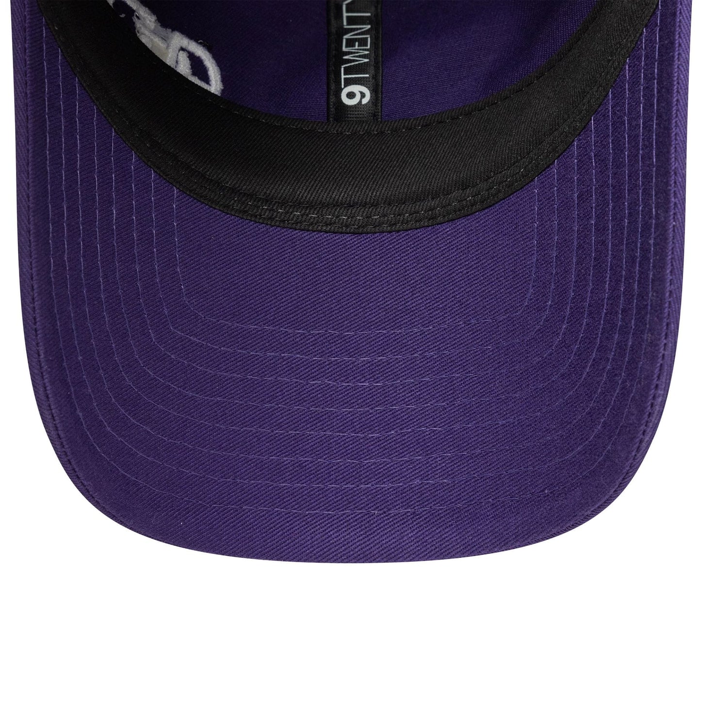 AS Roma Womens Purple New Era 9TWENTY Cap, inside view showing the black sweatband, the purple undervisor with stitching, and the 9TWENTY taping along the centre, highlighting the cap's casual design.