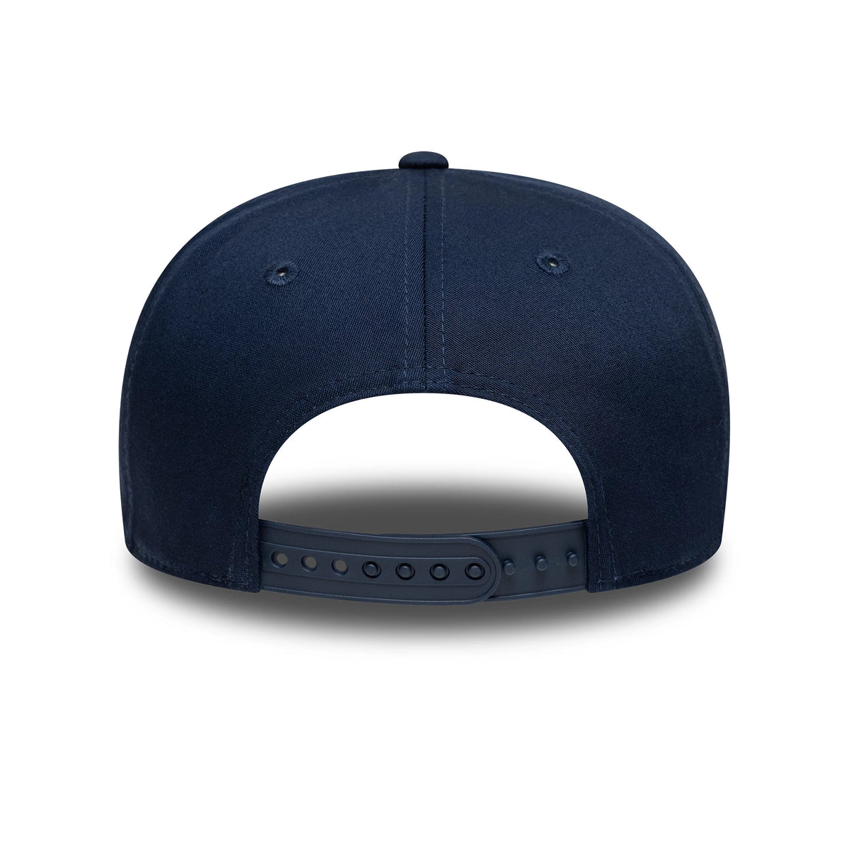 Alpine Racing Navy New Era 9SEVENTY Stretch Snap Cap, rear view featuring a curved navy visor and adjustable navy snap closure, with embroidered eyelets on the structured panels for added style.