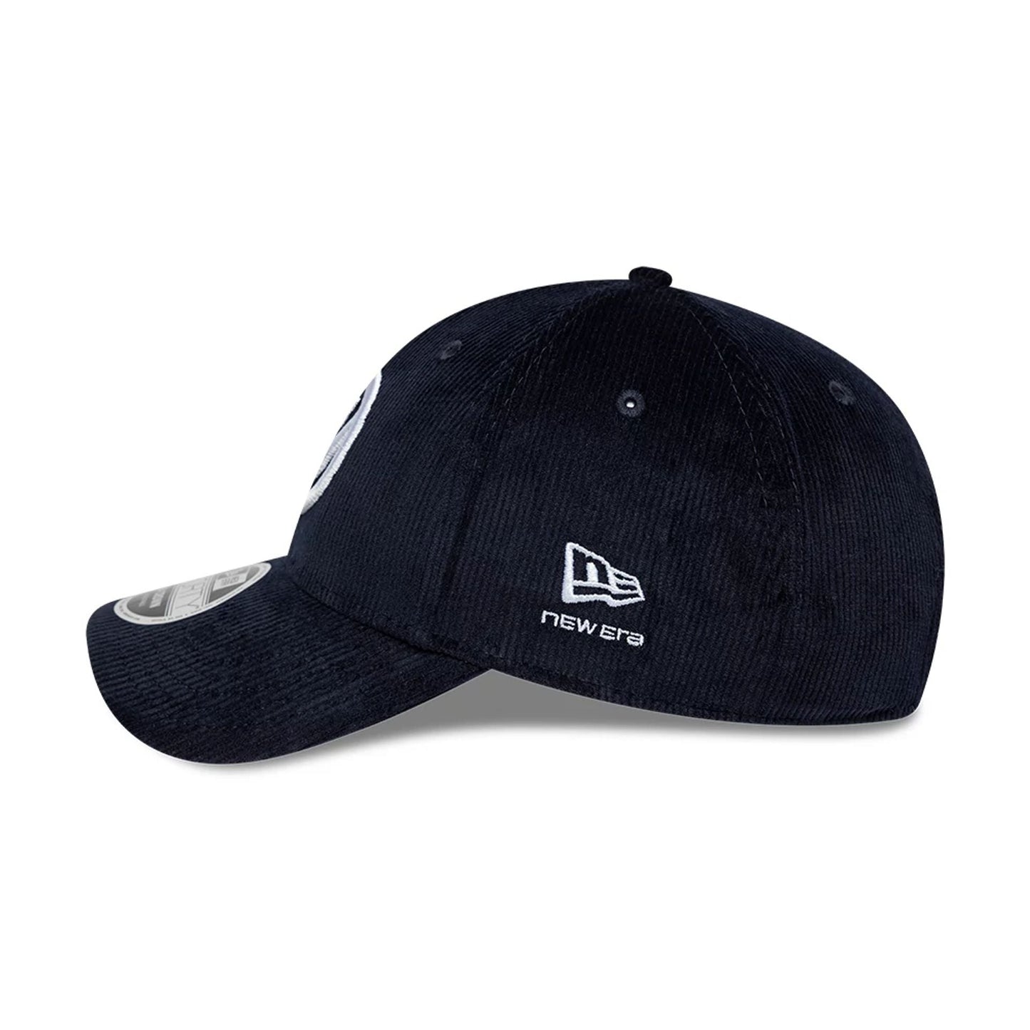 TGR Haas F1 Cord Navy New Era 9FORTY Cap, side view showing the white embroidered New Era flag logo on the left side against the deep navy corduroy fabric, with a curved visor featuring a 9FORTY size sticker.