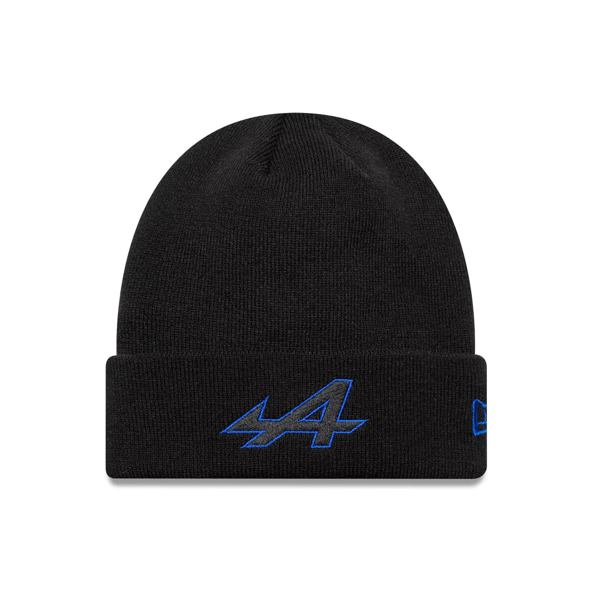 New Era Alpine Racing Black Cuff knit Beanie Hat, front view showing the blue embroidered Alpine A logo on the folded cuff with a New Era flag logo on the side, set on a plain black knit beanie.
