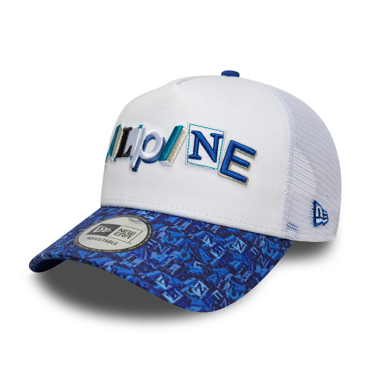 Alpine Racing All Over Print White New Era 9FORTY A-Frame Trucker Cap, three-quarter view showing the multicoloured raised embroidery on the front panels, blue patterned visor with 9FORTY size sticker.