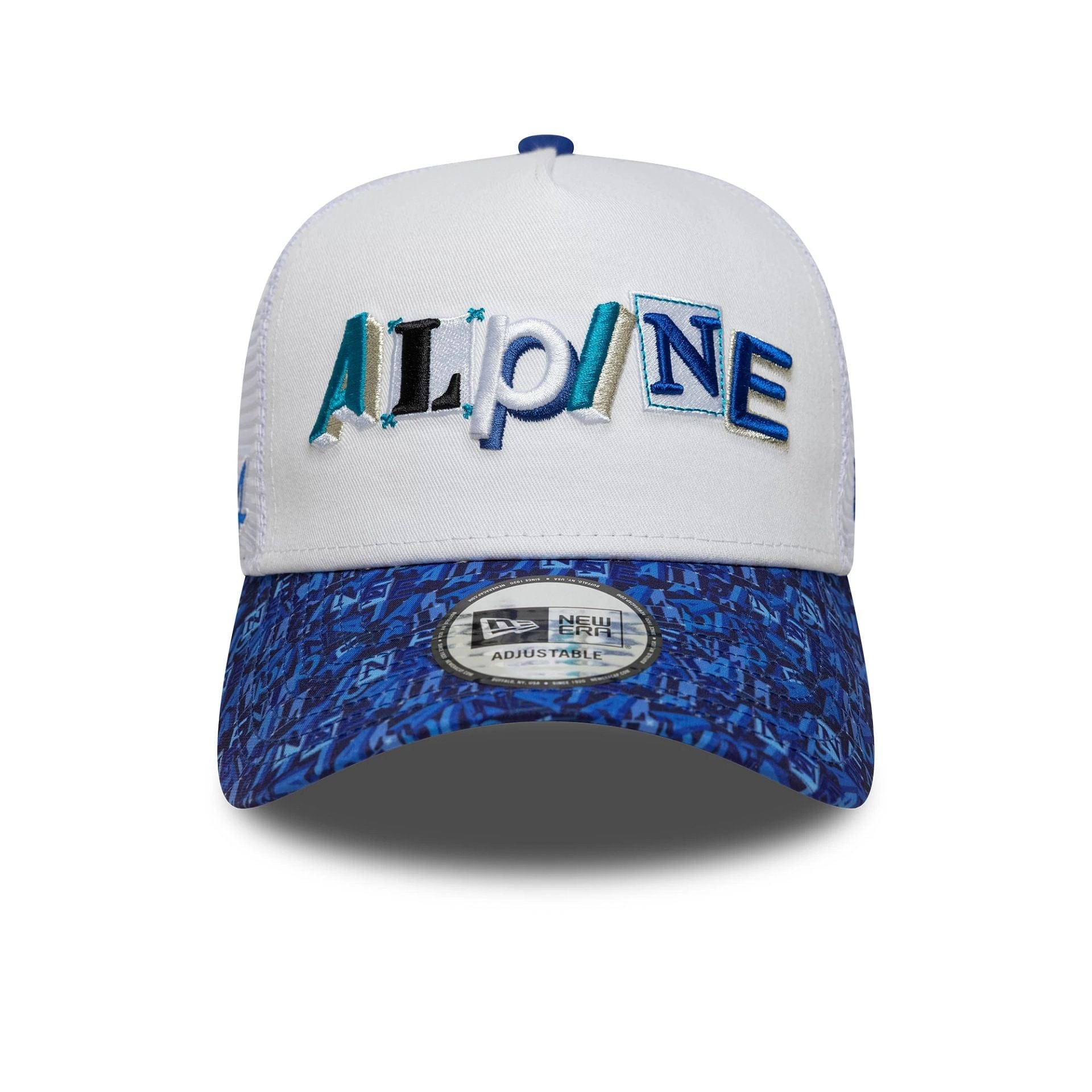 Pictured is this All Over Print Alpine Racing 9FORTY A-Frame Trucker in white. 2