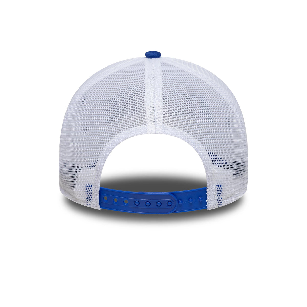 Alpine Racing All Over Print White New Era 9FORTY A-Frame Trucker Cap, rear view showing the white mesh back panels and a blue adjustable snap closure, with a blue top button completing the design.