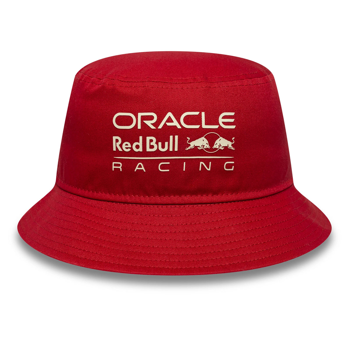 New Era Red Bull Racing Dark Red Bucket Hat, front view showing the cream-coloured Oracle Red Bull Racing logo with the charging bulls emblem embroidered on the front panel of the dark red hat.